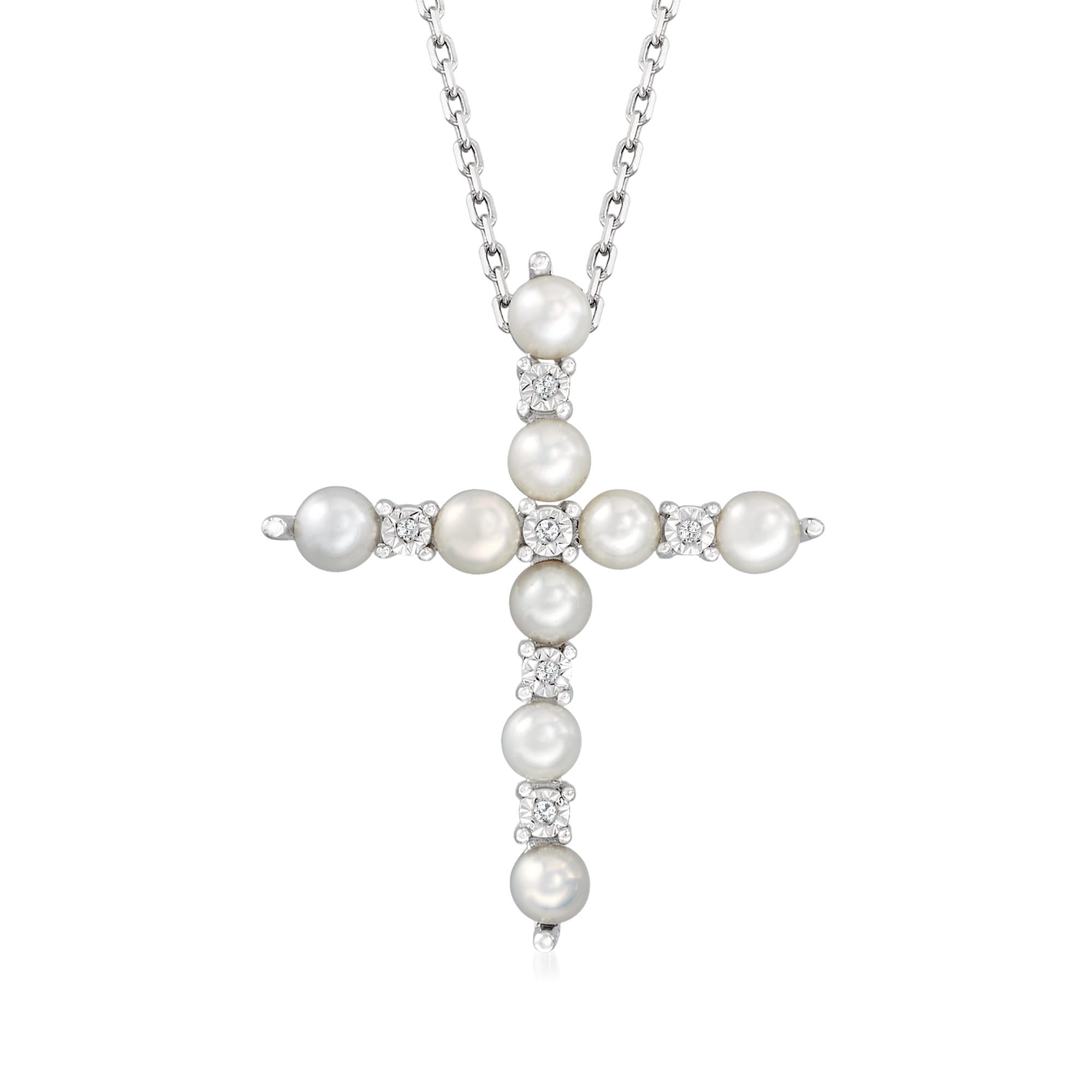 3mm Cultured Pearl Cross Pendant Necklace with Diamond Accents