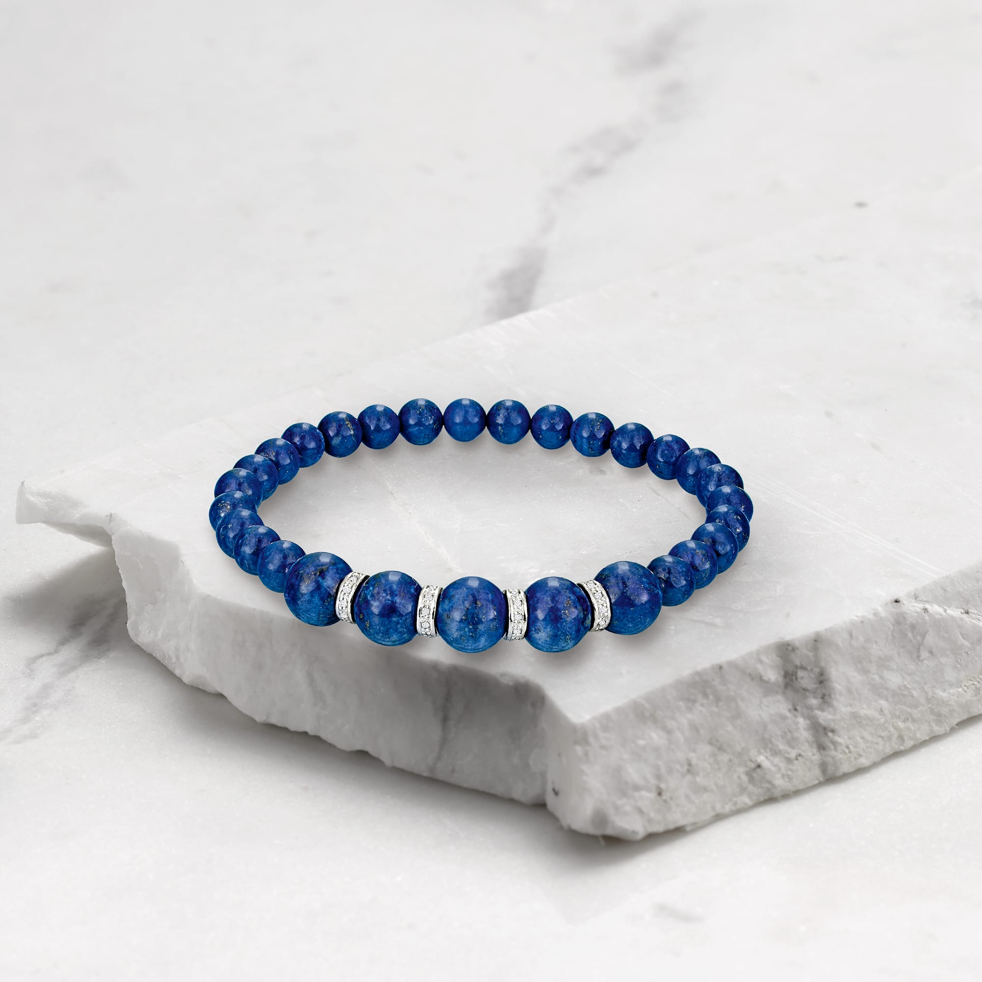 t.w. Bracelet Ross-Simons | 6-8mm .24 Silver Stretch ct. Sterling Diamond Lapis and Bead with
