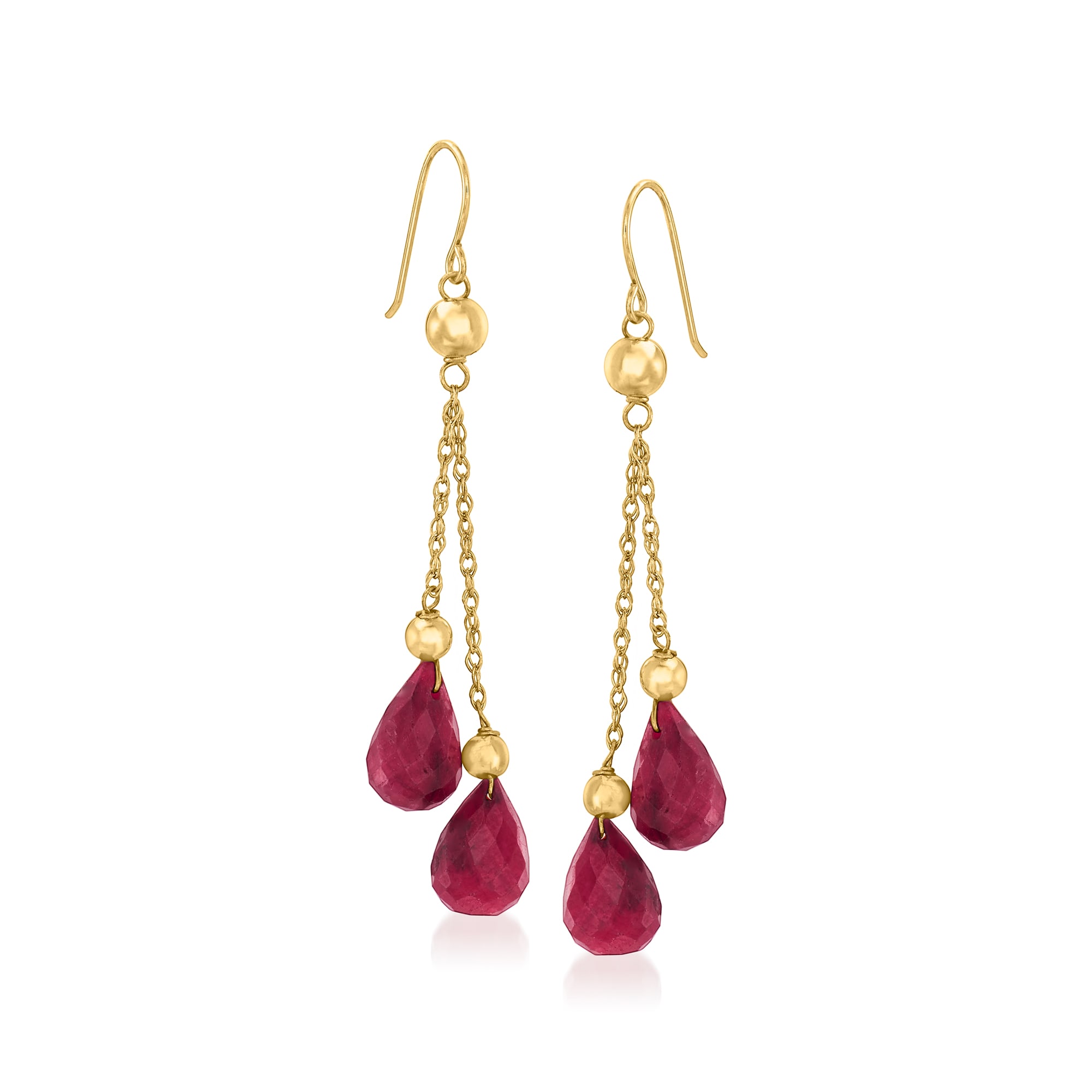 15.00 ct. t.w. Ruby and Bead Double-Drop Earrings in 14kt Yellow Gold ...