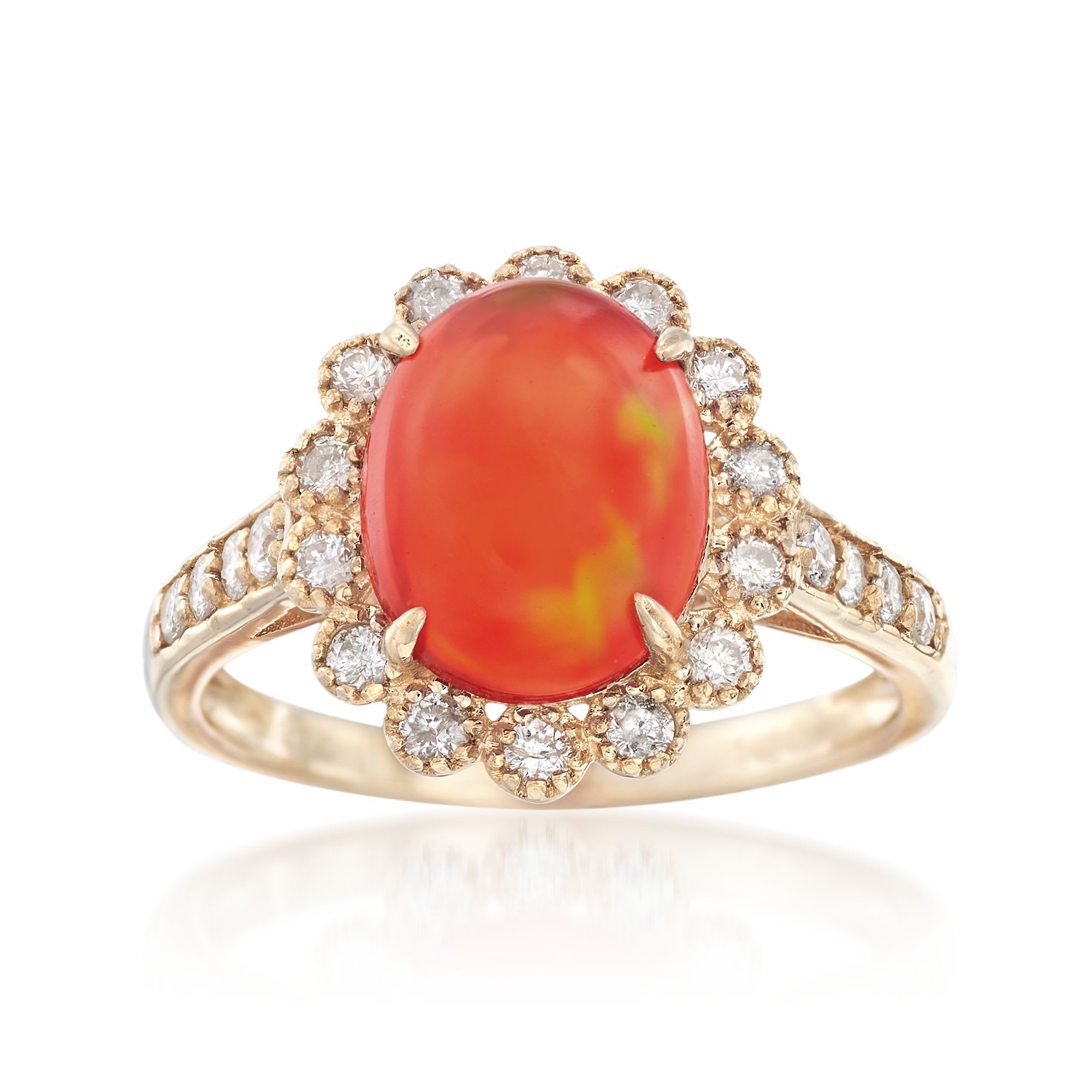 Fire Opal and .22 ct. t.w. Diamond Ring in 14kt Yellow Gold | Ross-Simons