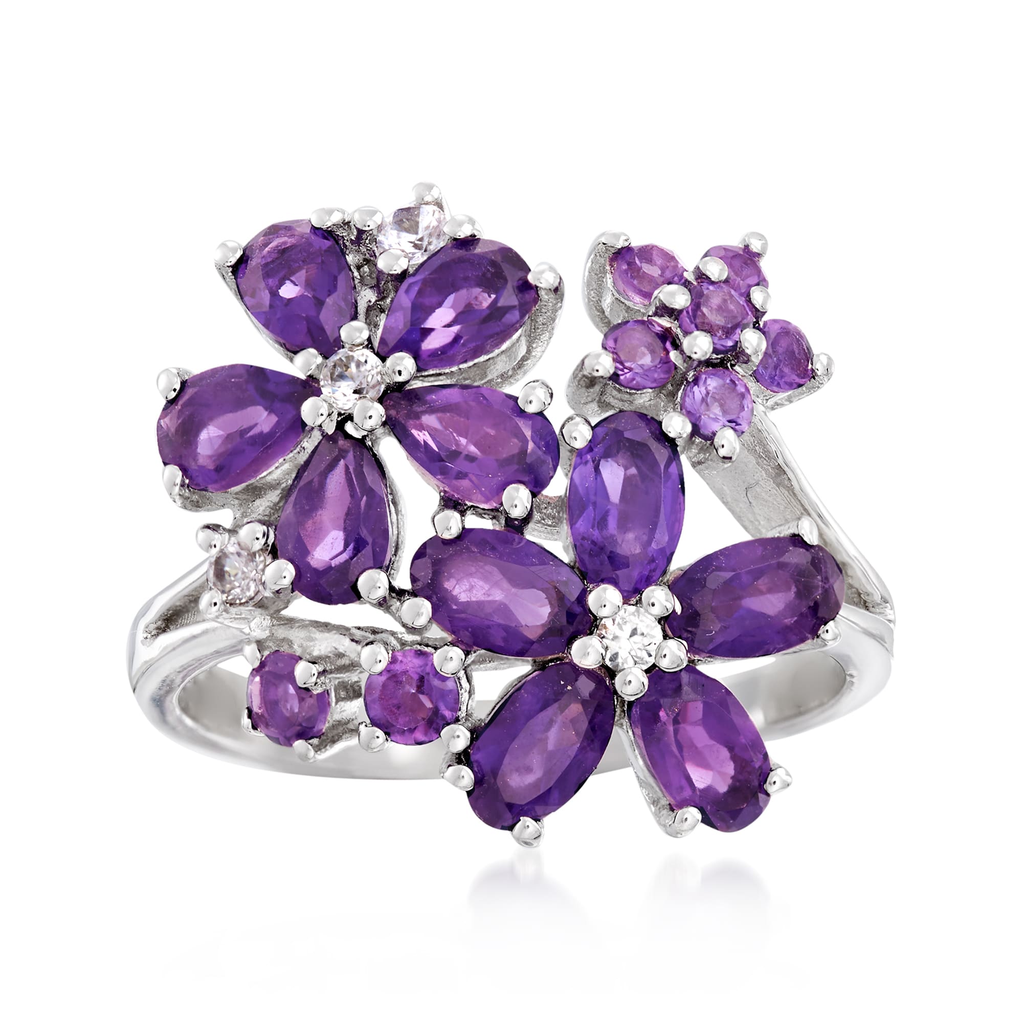 2.10 ct. t.w. Amethyst and .10 ct. t.w. White Zircon Flower Ring in ...