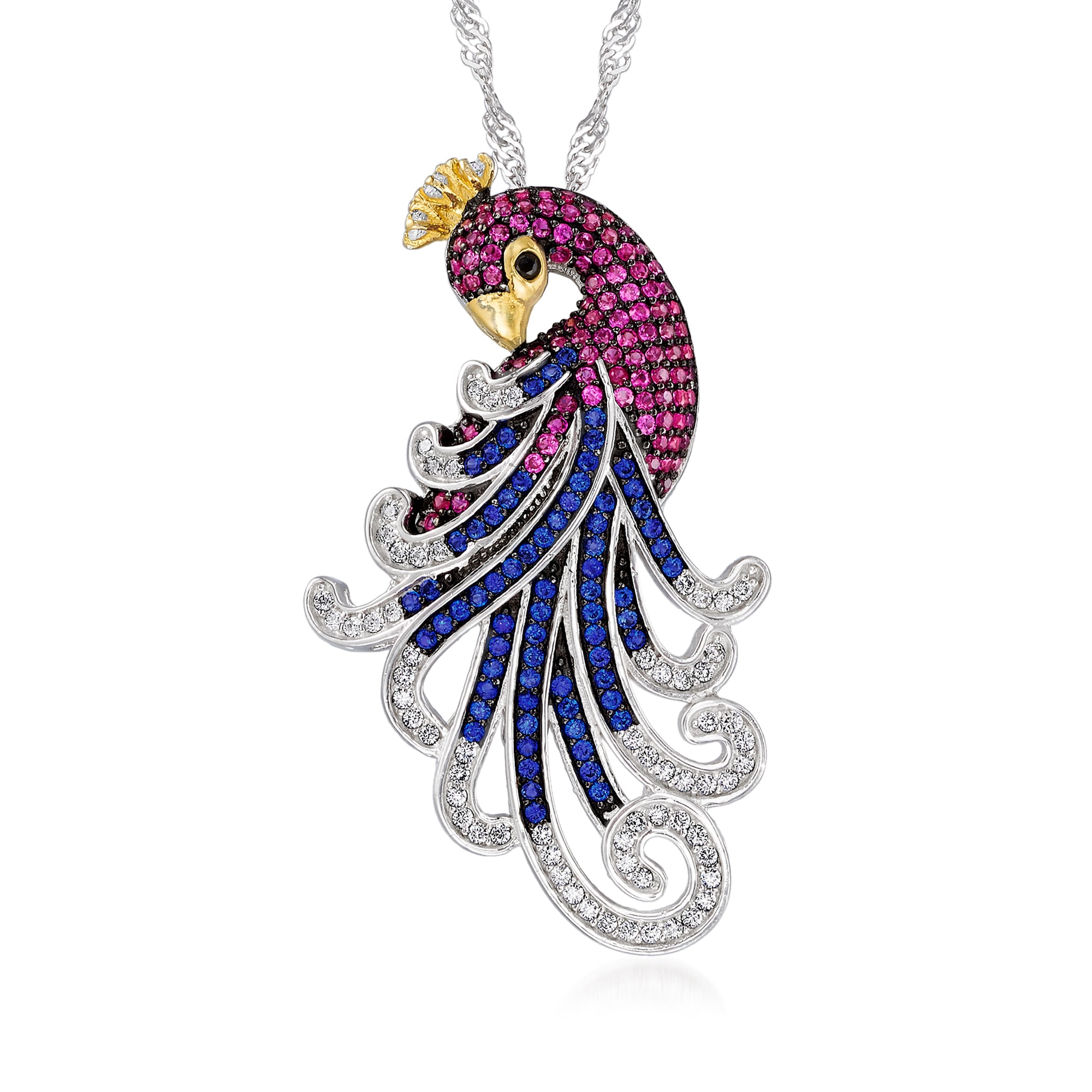 .37 ct. t.w. CZ and Multi-Gem Peacock Pendant Necklace in Sterling ...
