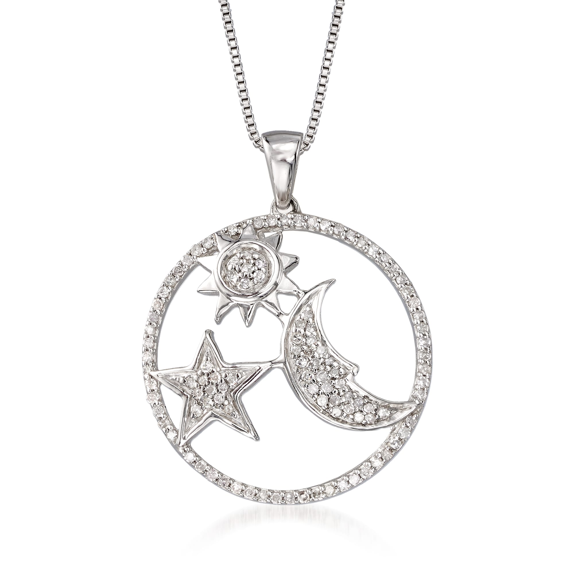 .34 ct. t.w. Diamond Moon and Star Pendant Necklace in Sterling Silver ...