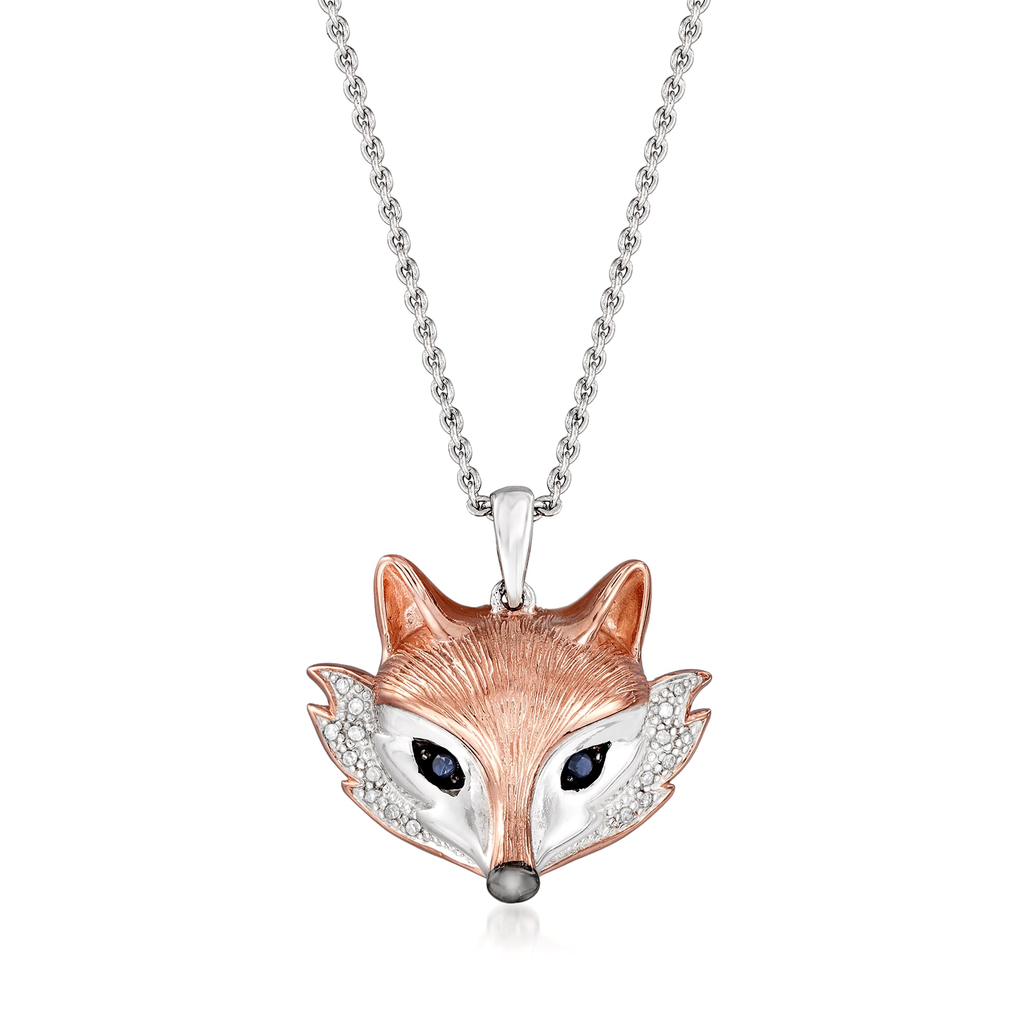 Two Tone Sterling Silver Fox Pendant Necklace with Diamond and