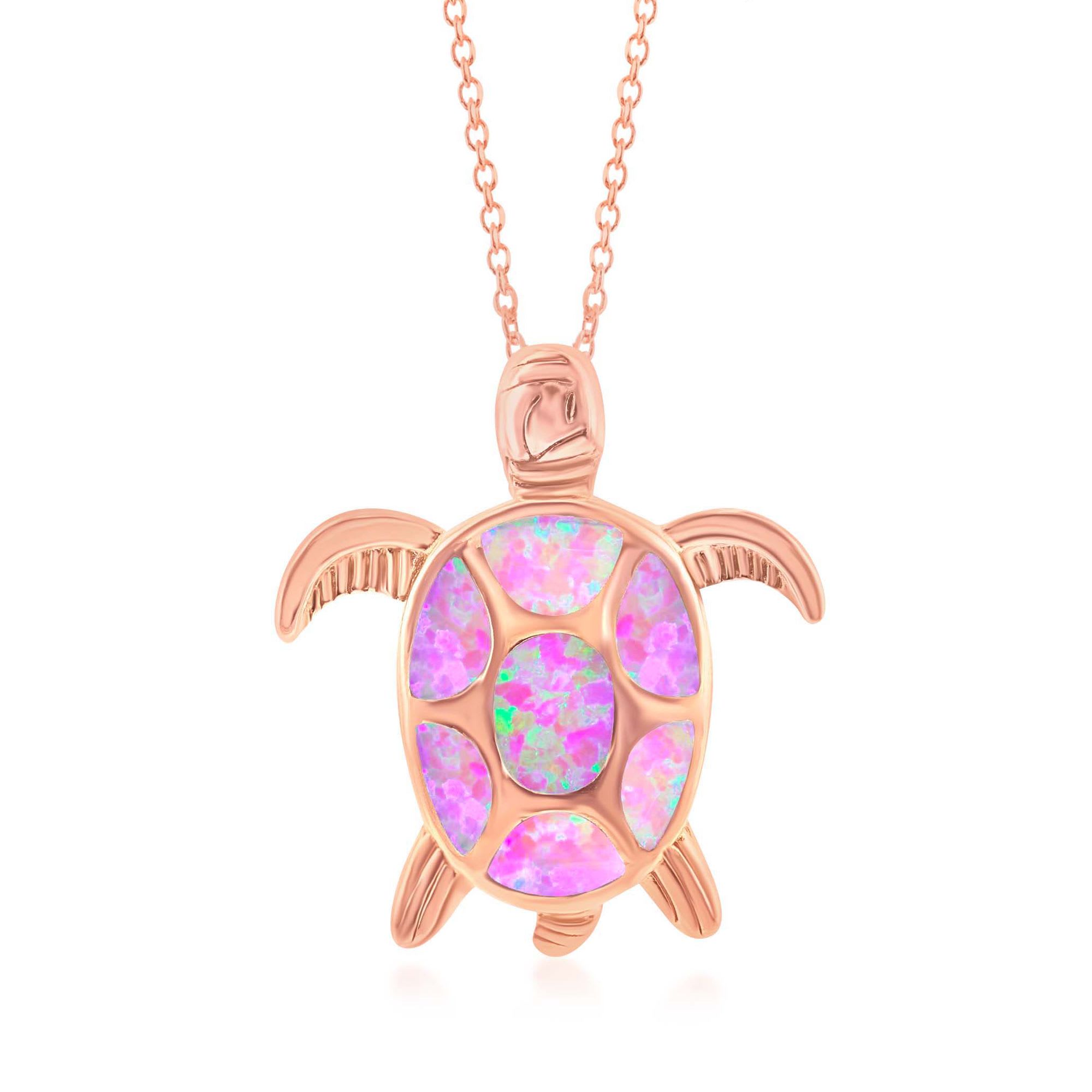 Pink Synthetic Opal Sea Turtle Pendant Necklace in 18kt Rose Gold