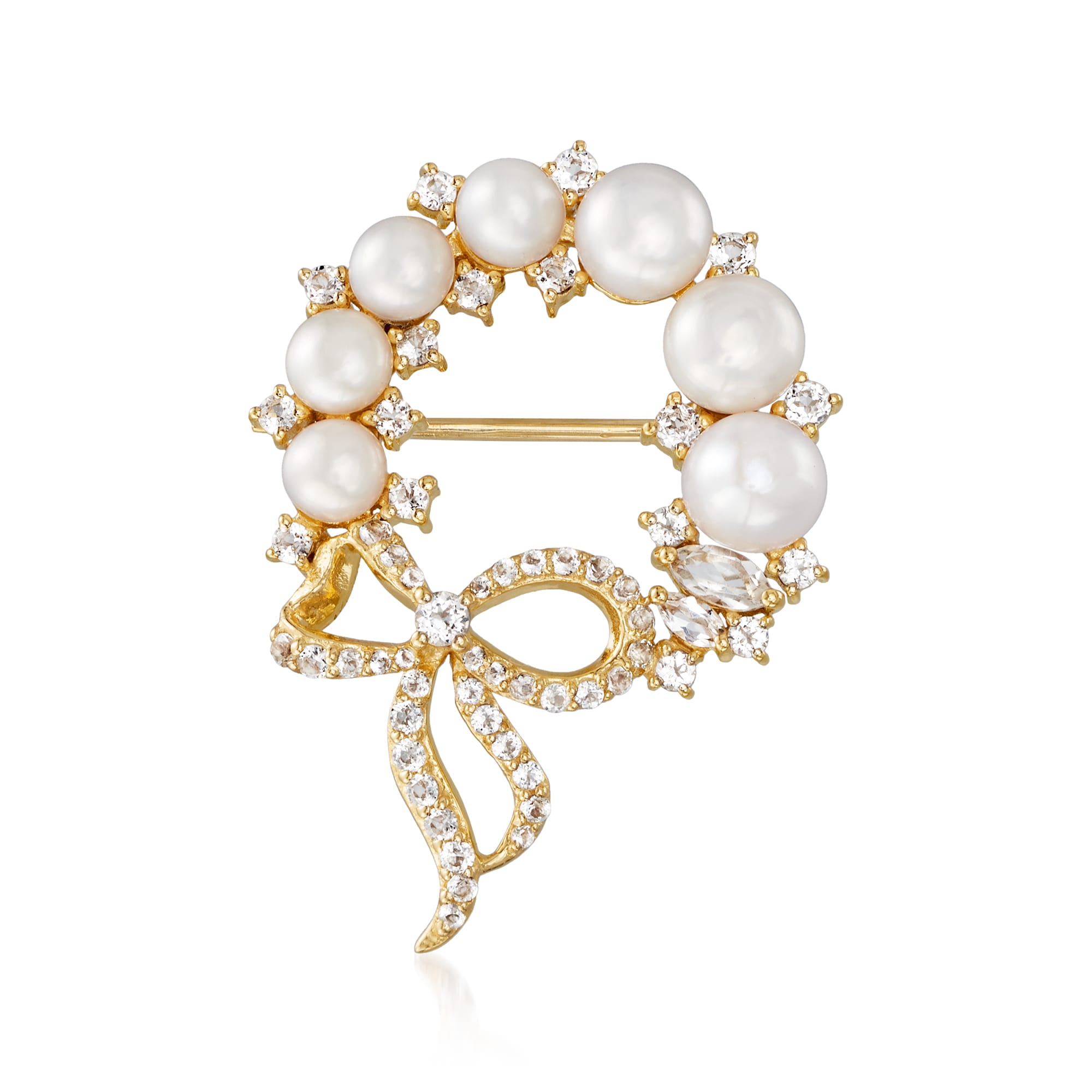 4-5mm Cultured Pearl and .76 ct. t.w. White Topaz Wreath Pin in 18kt ...