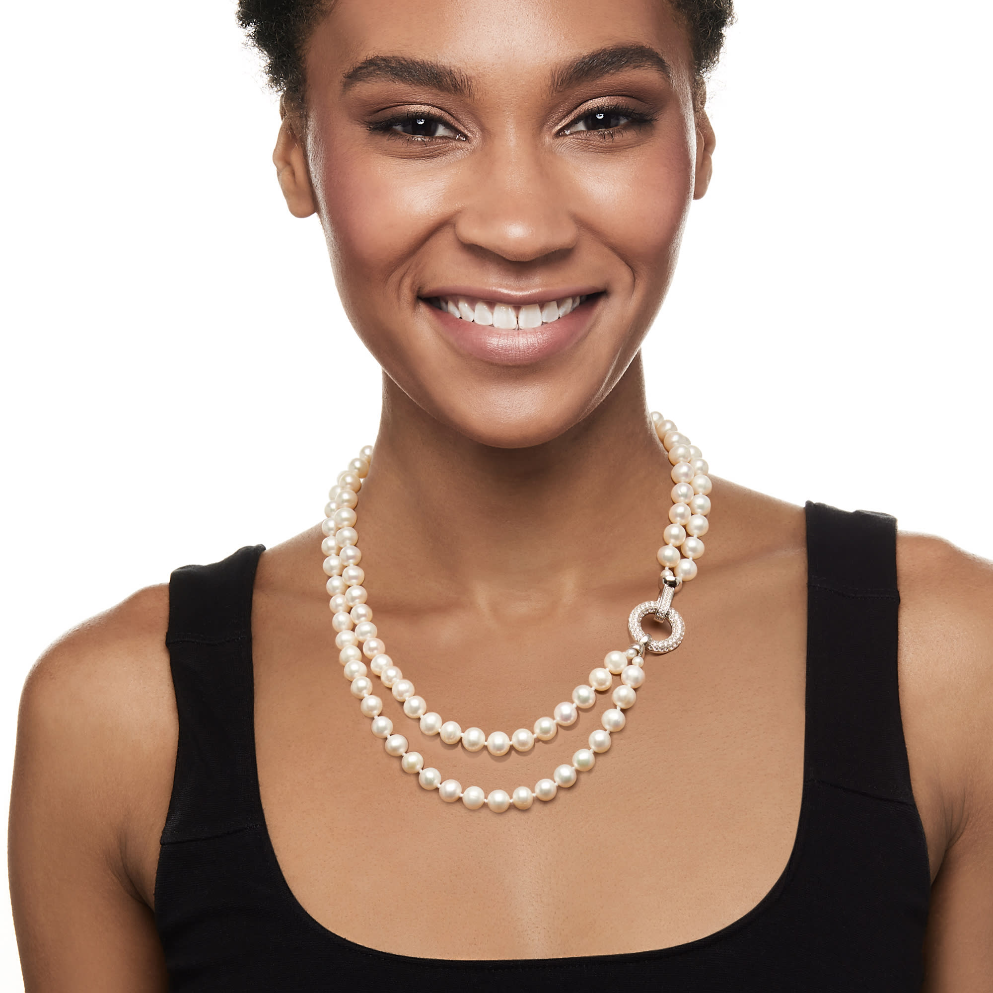 7.5-8mm Cultured Pearl Two-Strand Necklace with 1.00 ct. t.w. CZs