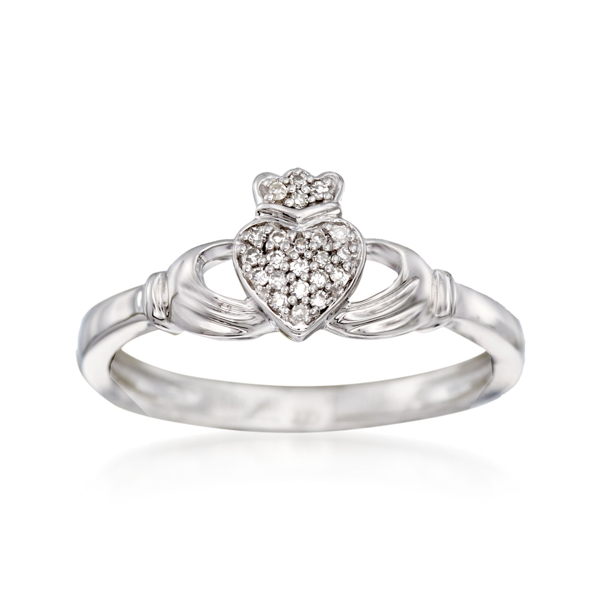 14kt White Gold Claddagh Ring with Diamond Accents | Ross-Simons