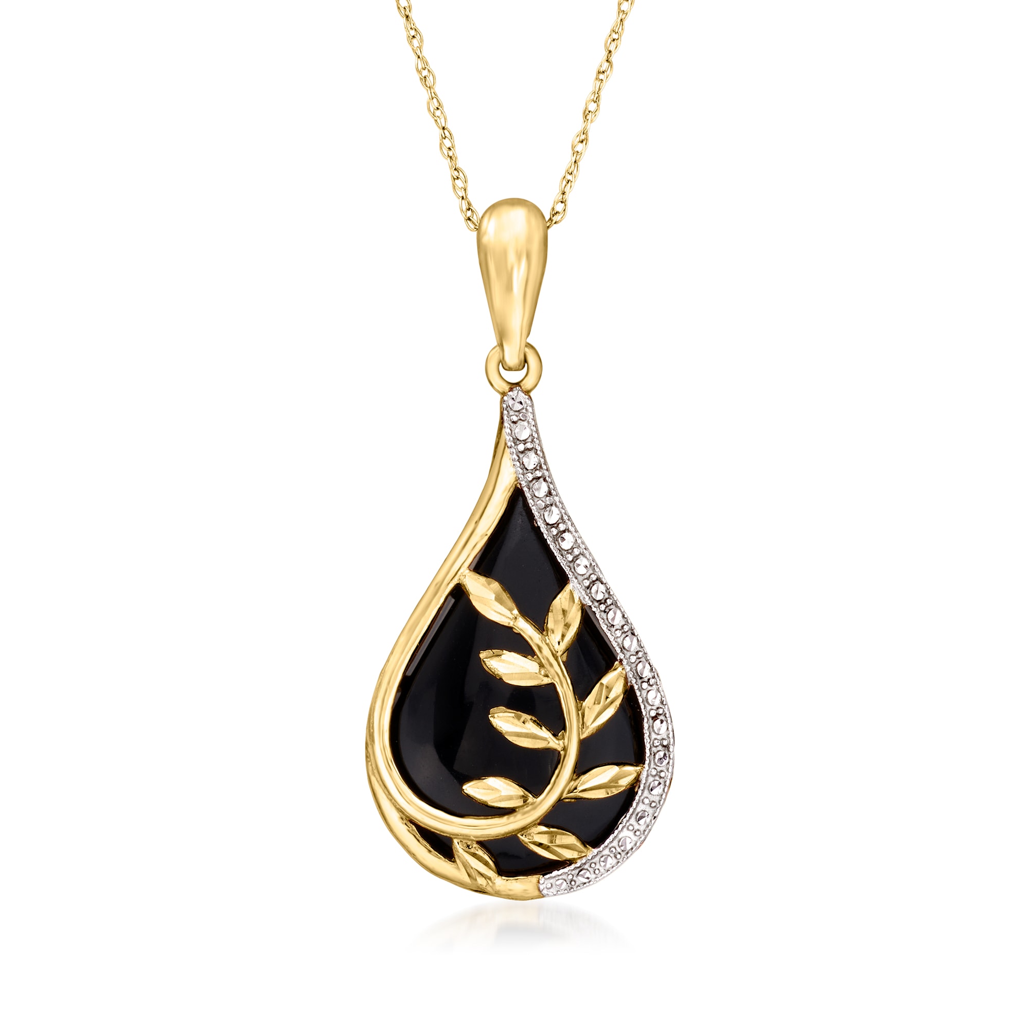 Onyx Leaf Design Teardrop Pendant Necklace in 14kt Two-Tone Gold. 18