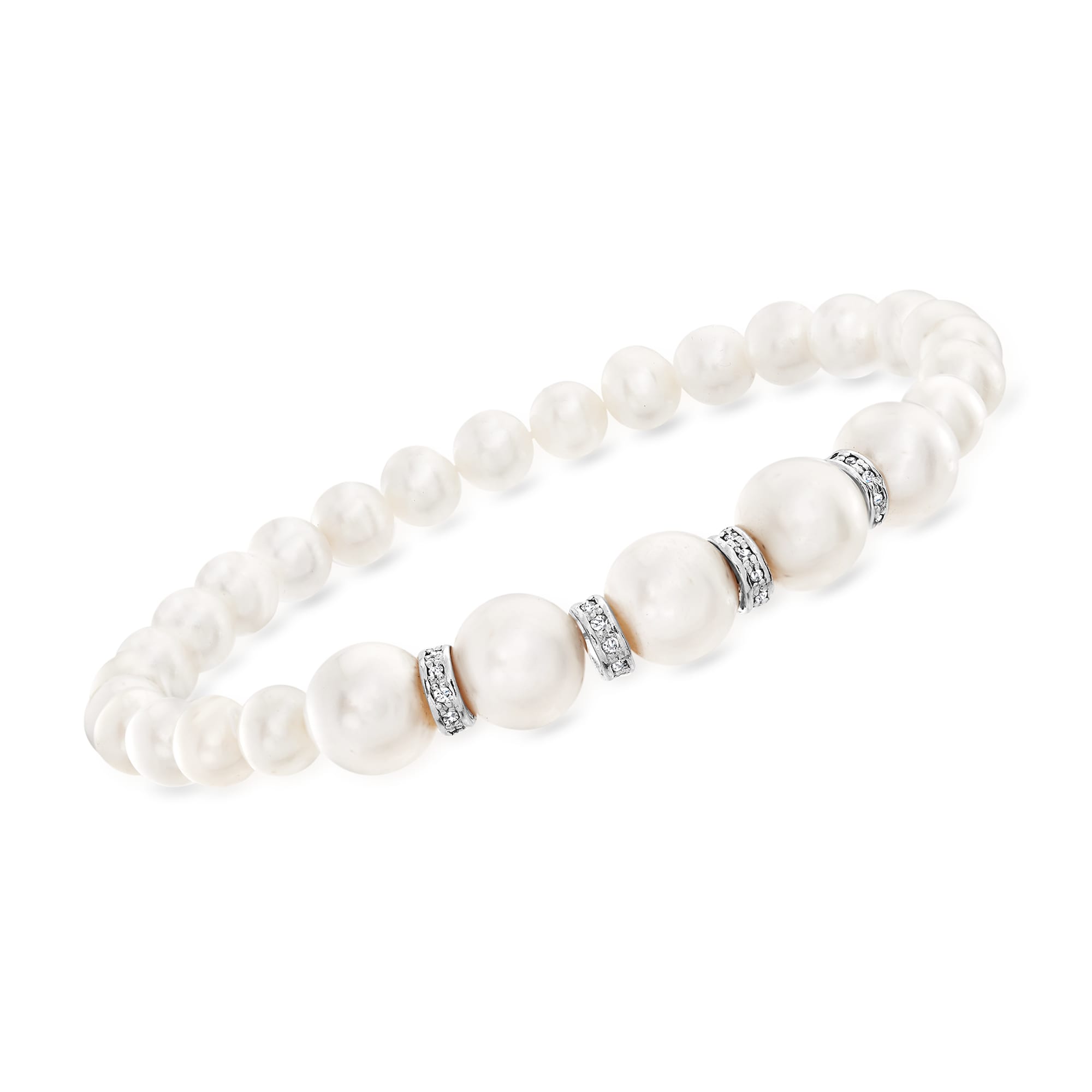 6-8.5mm Cultured Silver Ross-Simons Pearl Sterling ct. with Stretch and Bracelet | t.w. Diamond .25