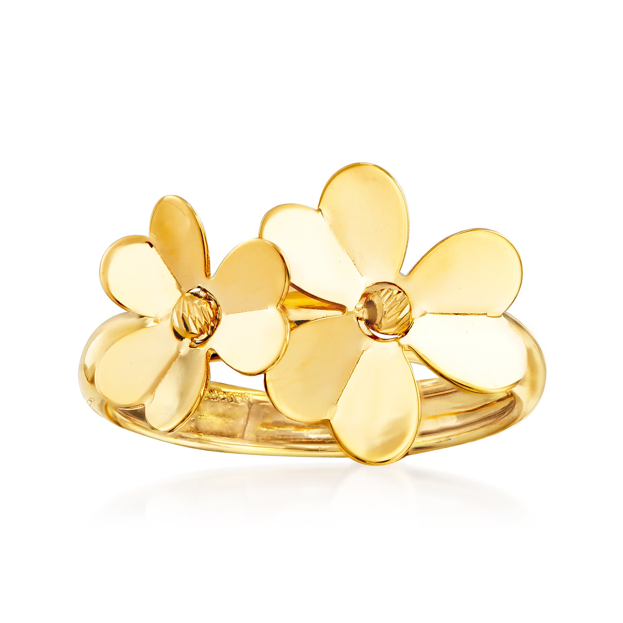 Golden flamenco rings with colorful flower detail