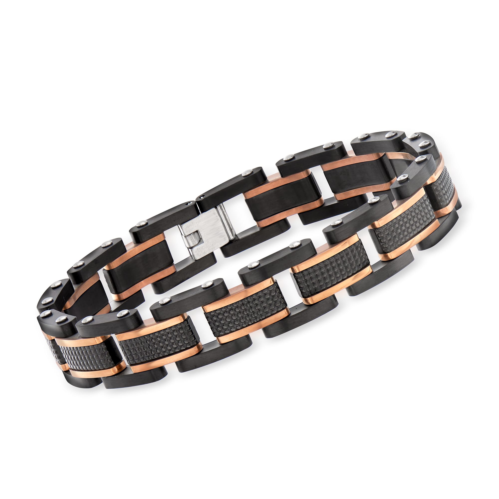 Men's Black Stainless Steel and 18kt Rose Gold Over Sterling Silver