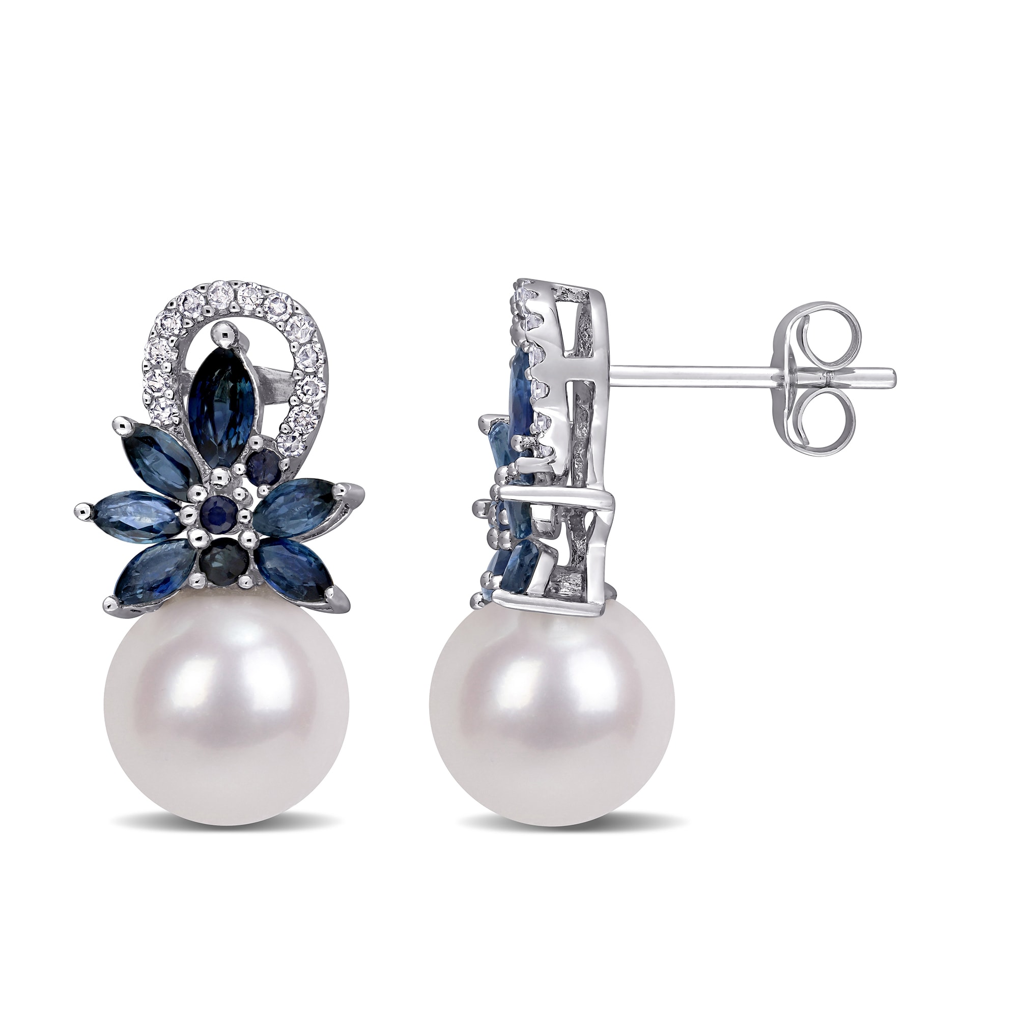 9-9.5mm Cultured Pearl, 1.66 ct. t.w. Sapphire and .13 ct. t.w. Diamond ...