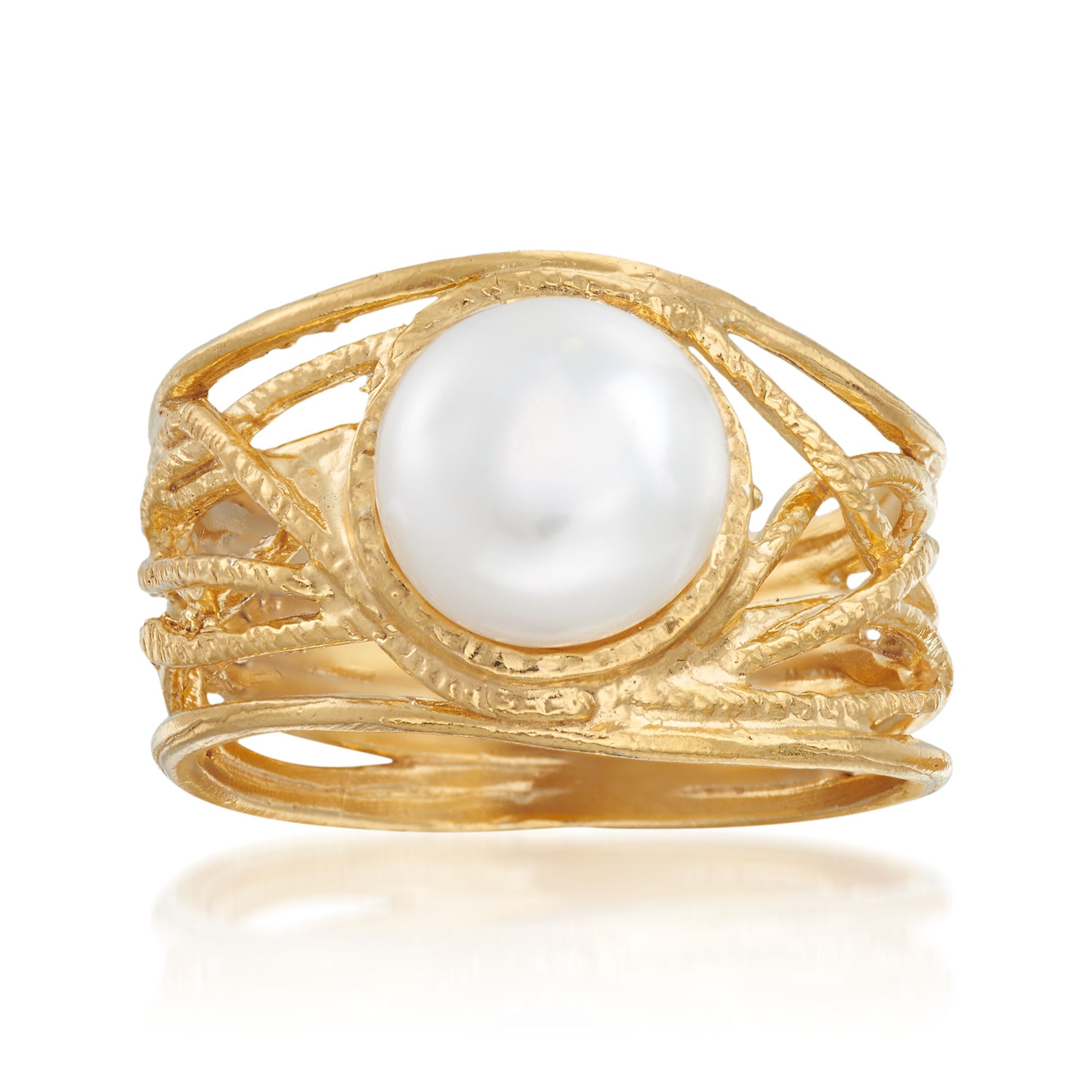 8mm Cultured Pearl Textured Openwork Ring in 18kt Gold Over Sterling ...