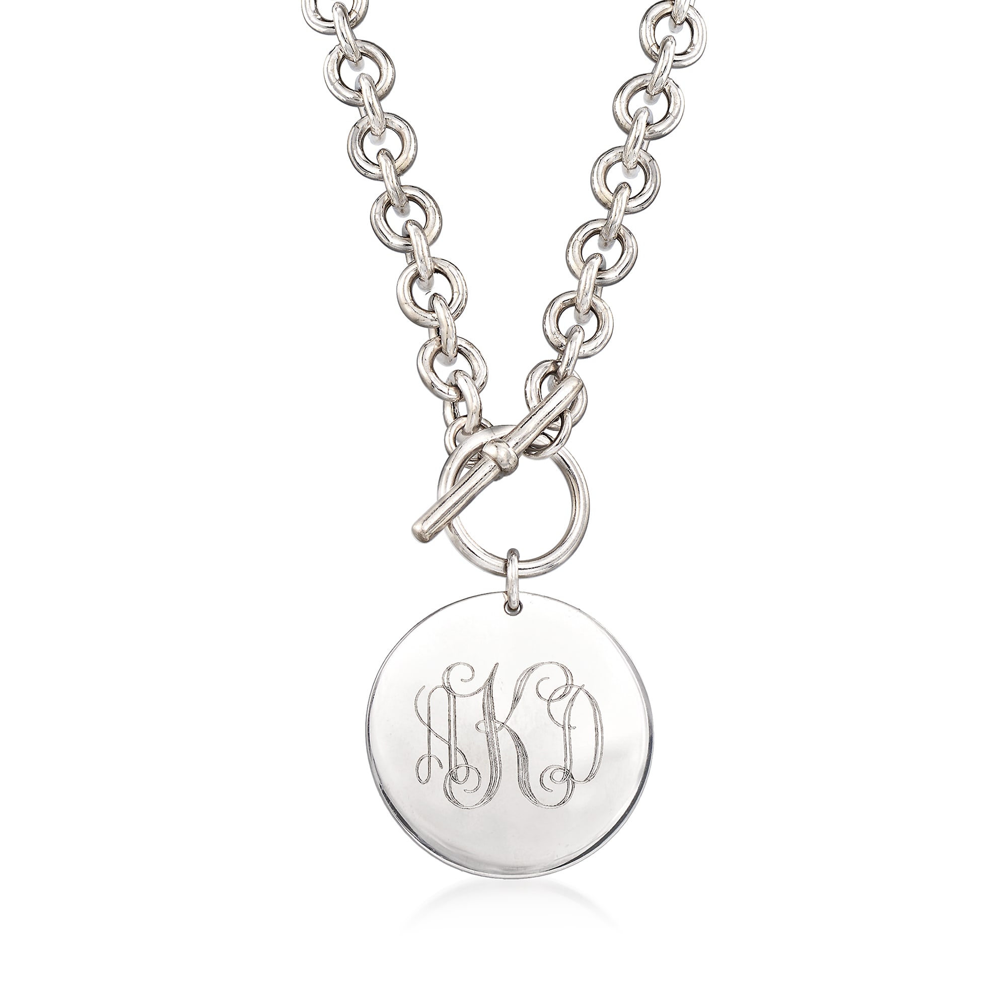 Hand engraved monogram disc charm necklace with Toggle clasp and large link  chain.