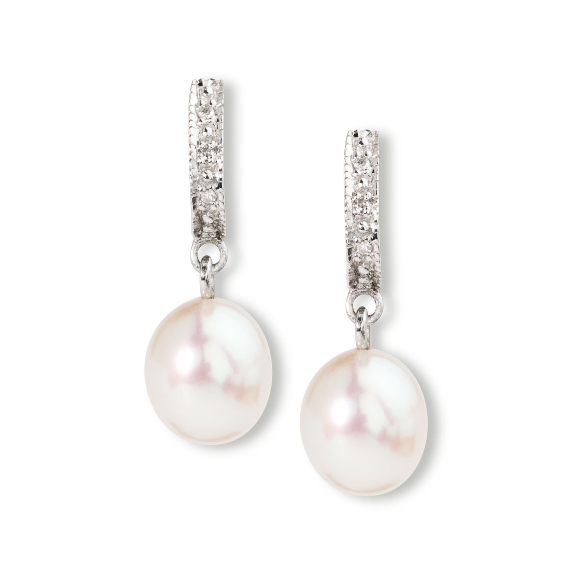 8-9mm Cultured Pearl Dangle Earrings with Diamond Accents in Sterling ...