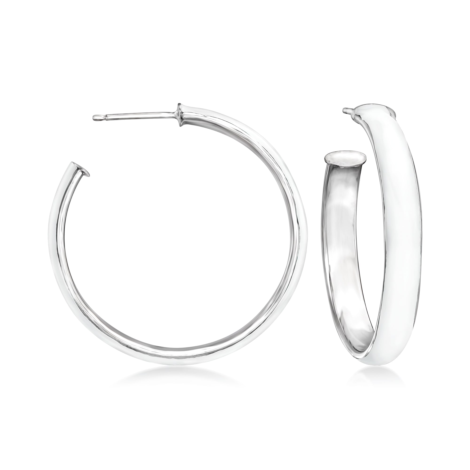 Italian White Enamel Hoop Earrings in Sterling Silver. 1 1/4