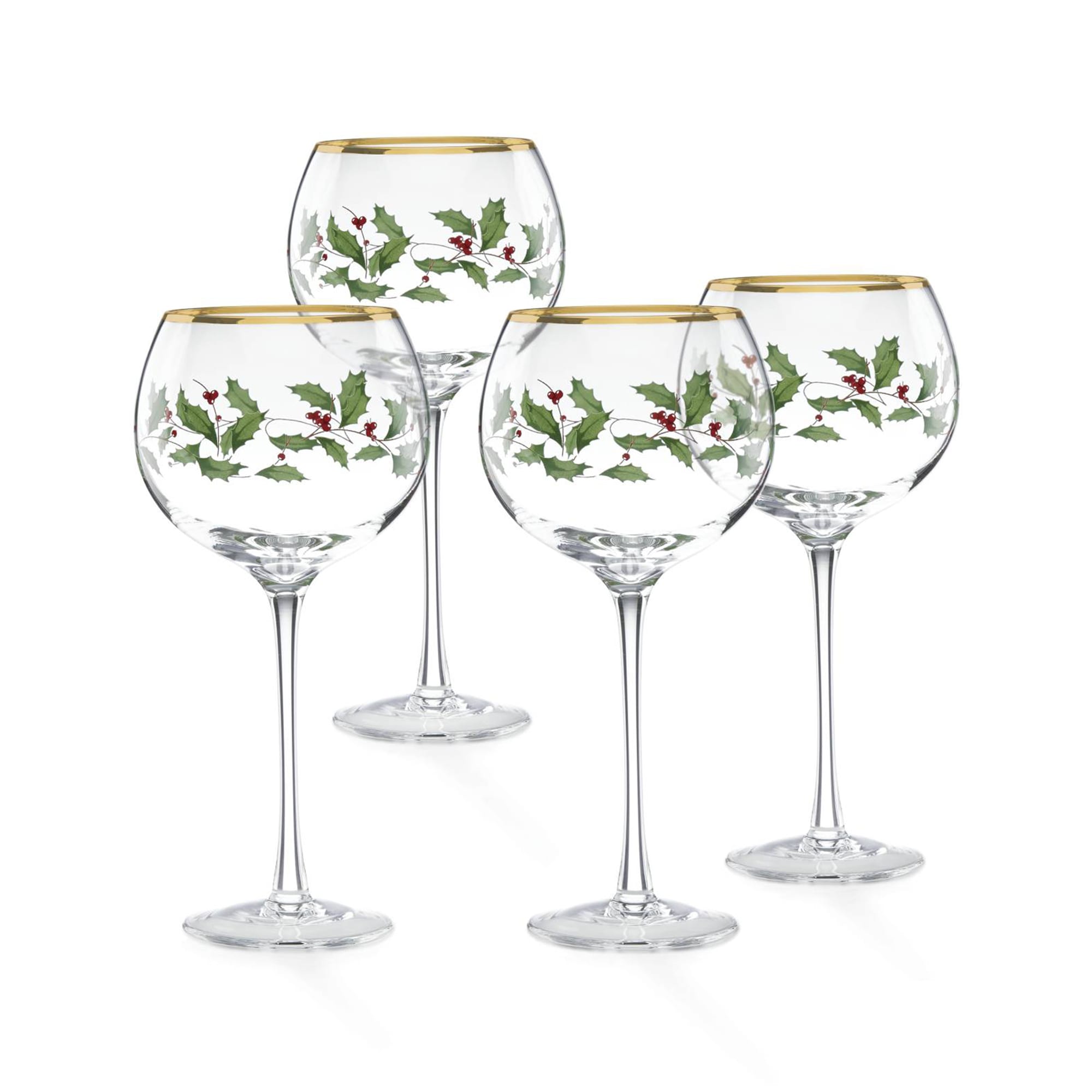 Lenox Holiday Balloon Wine Glasses, Set of 4, Holly, 16 oz, NEW