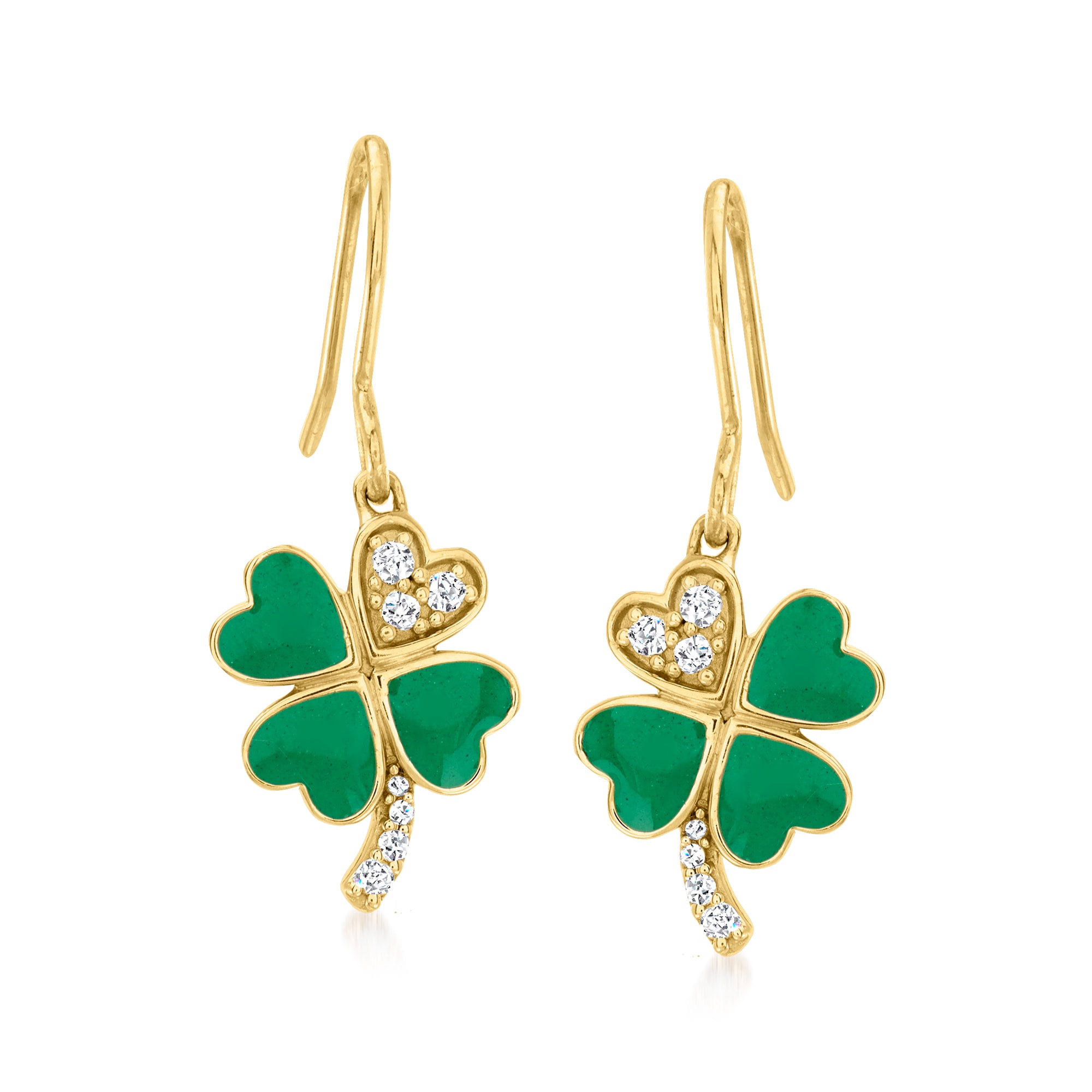 Green Enamel Four-Leaf Clover Drop Earrings with .10 ct. t.w.