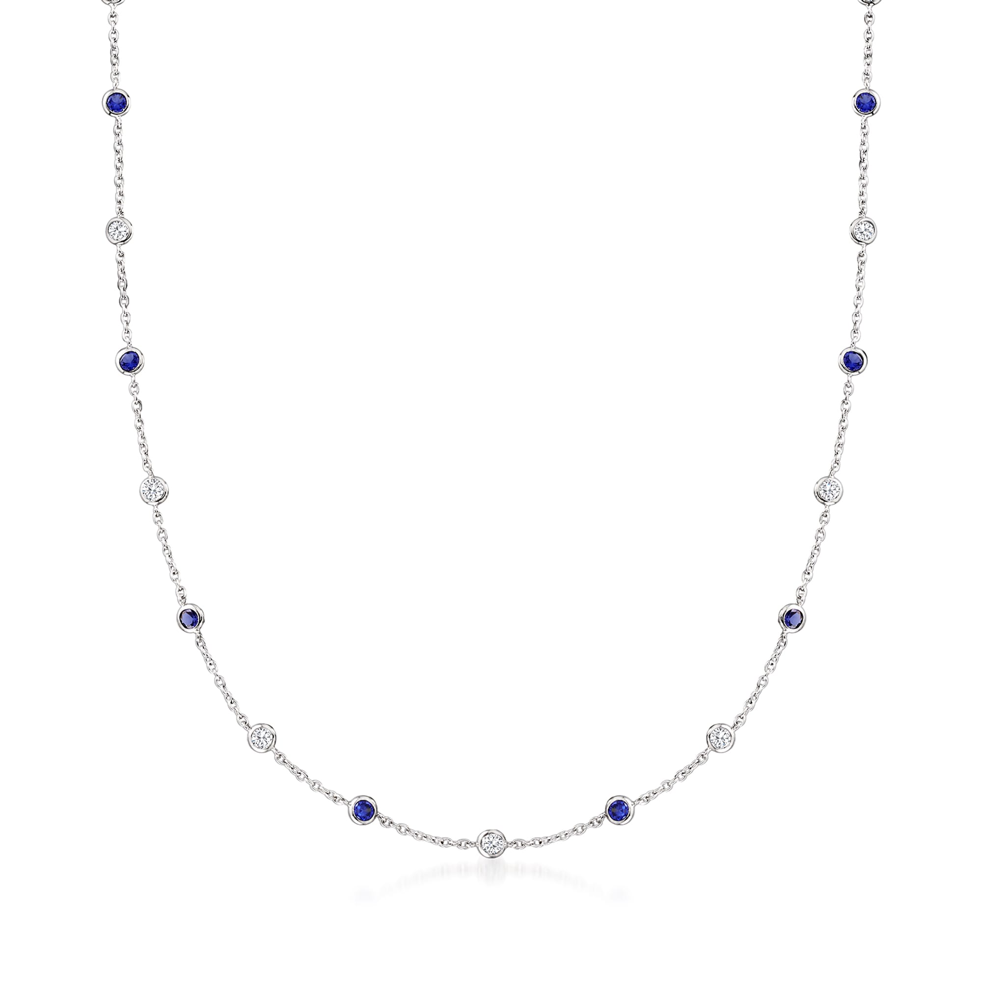 2.30 ct. t.w. CZ and 2.00 ct. t.w. Simulated Sapphire Station Necklace in  Sterling Silver