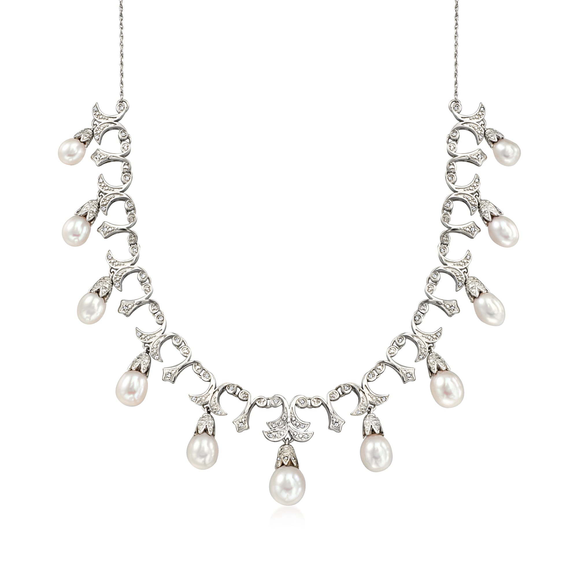 and Necklace Pearl 6-9mm Diamond Cultured in Sterling | .20 Ross-Simons ct. Silver t.w.