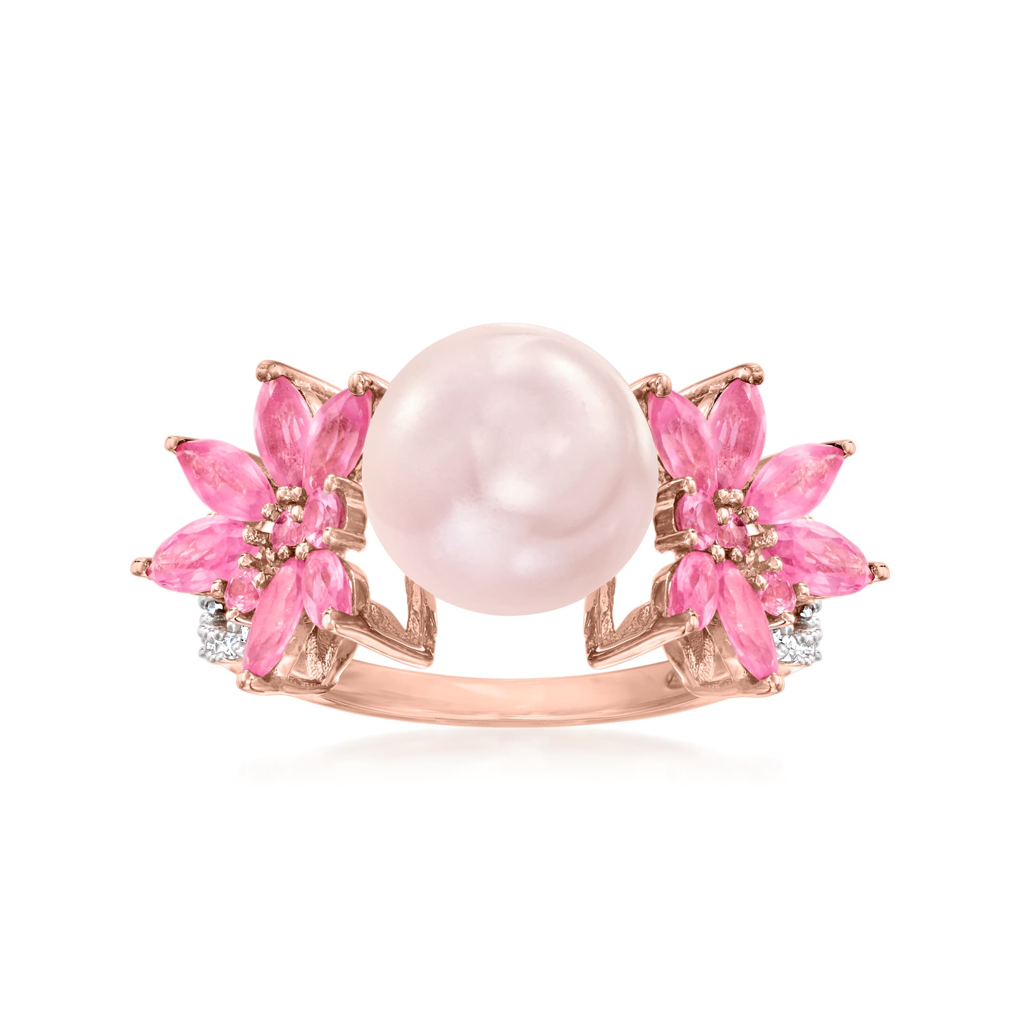 Zales 9.0-9.5mm Pink Cultured Freshwater Pearl, Pink Sapphire, and 1/8 Ct. T.W. Diamond Flower Ring in 14K Rose Gold