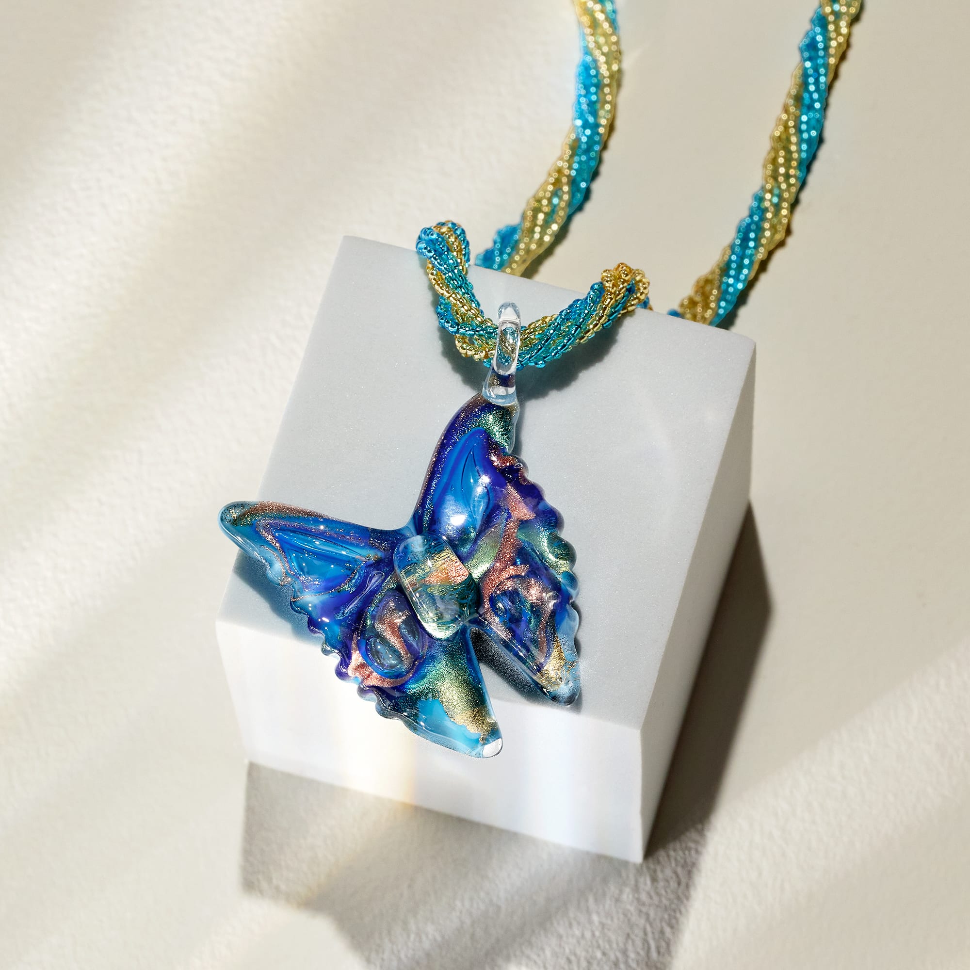 Italian Murano Glass Butterfly Pendant Necklace with 18kt Gold Over