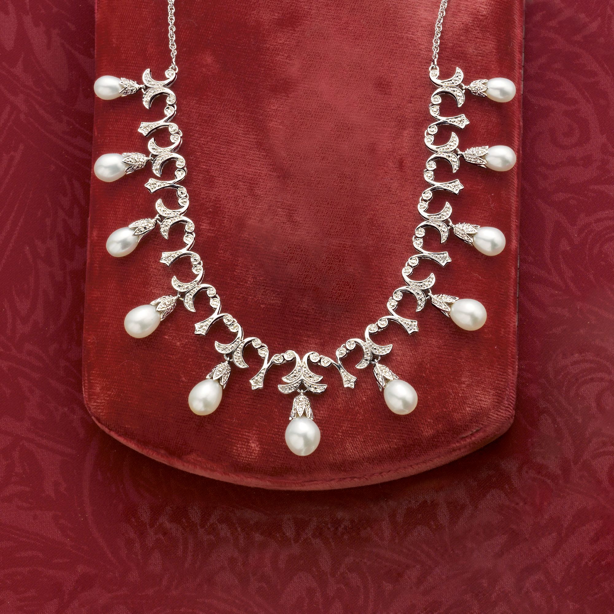 Ross-Simons | in Cultured .20 Pearl ct. Silver Diamond Necklace 6-9mm t.w. Sterling and