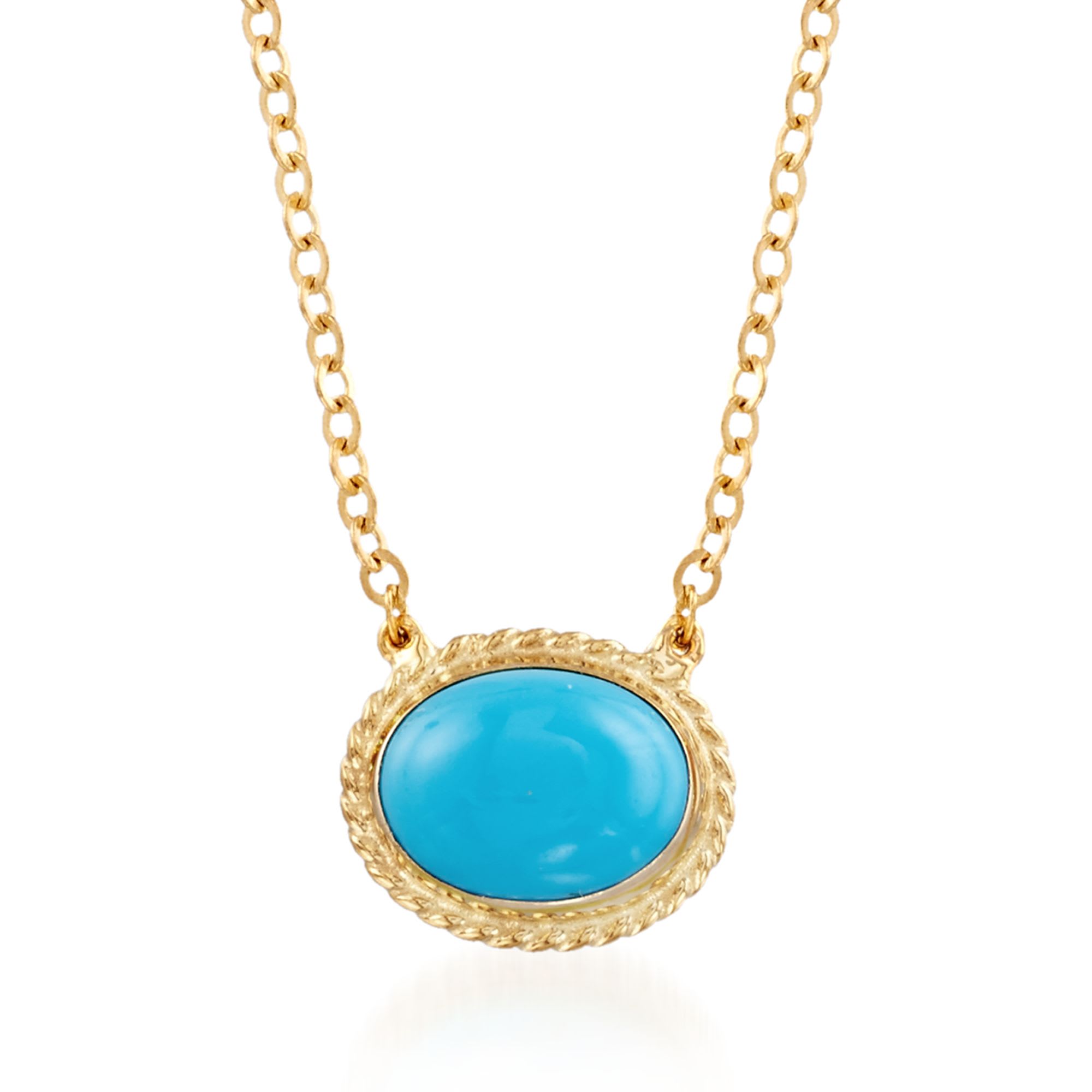 Oval Sleeping Beauty Turquoise Roped Frame Necklace in 14kt Yellow Gold ...