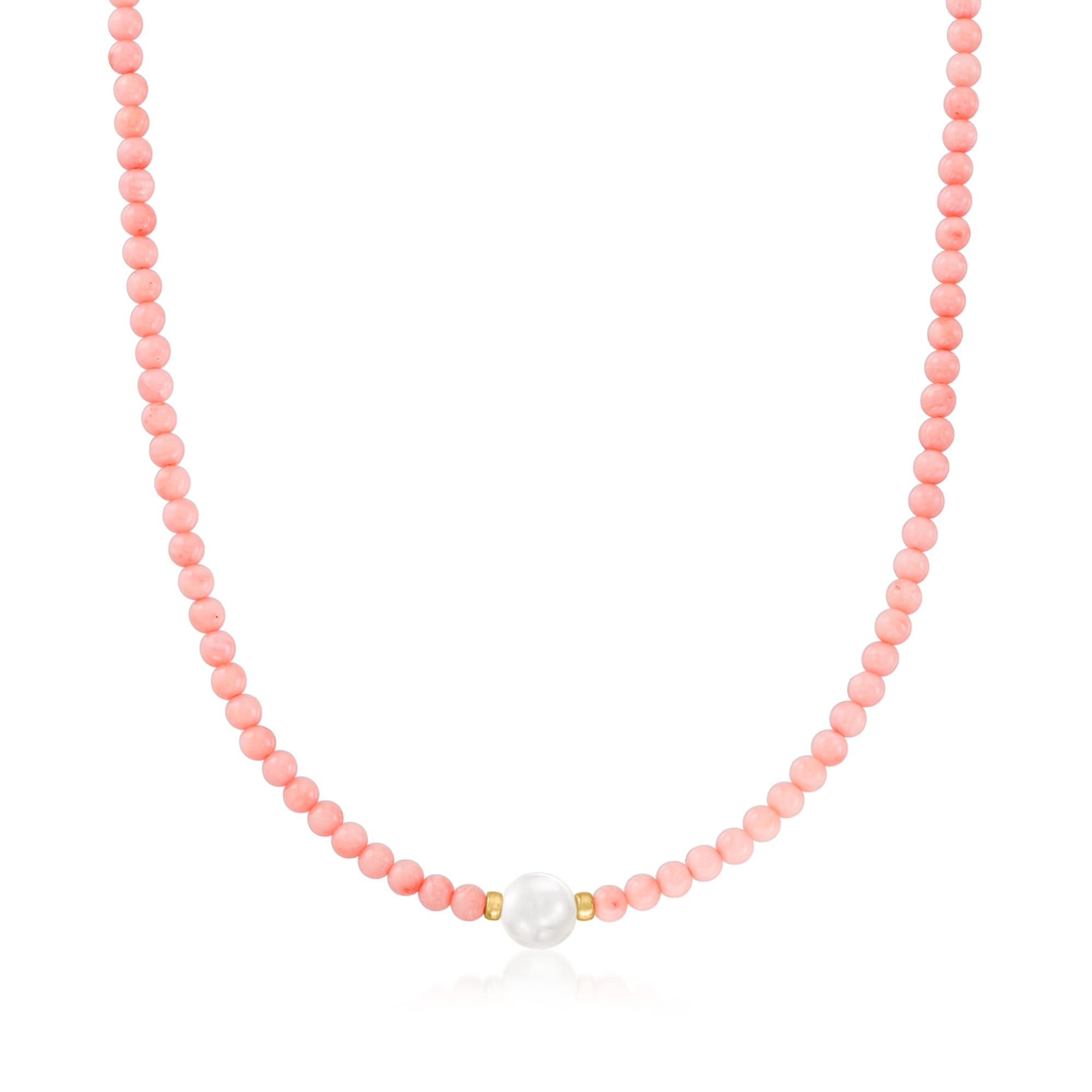 4mm Pink Coral Bead and 8.5-9mm Cultured Pearl Necklace with 18kt Gold ...