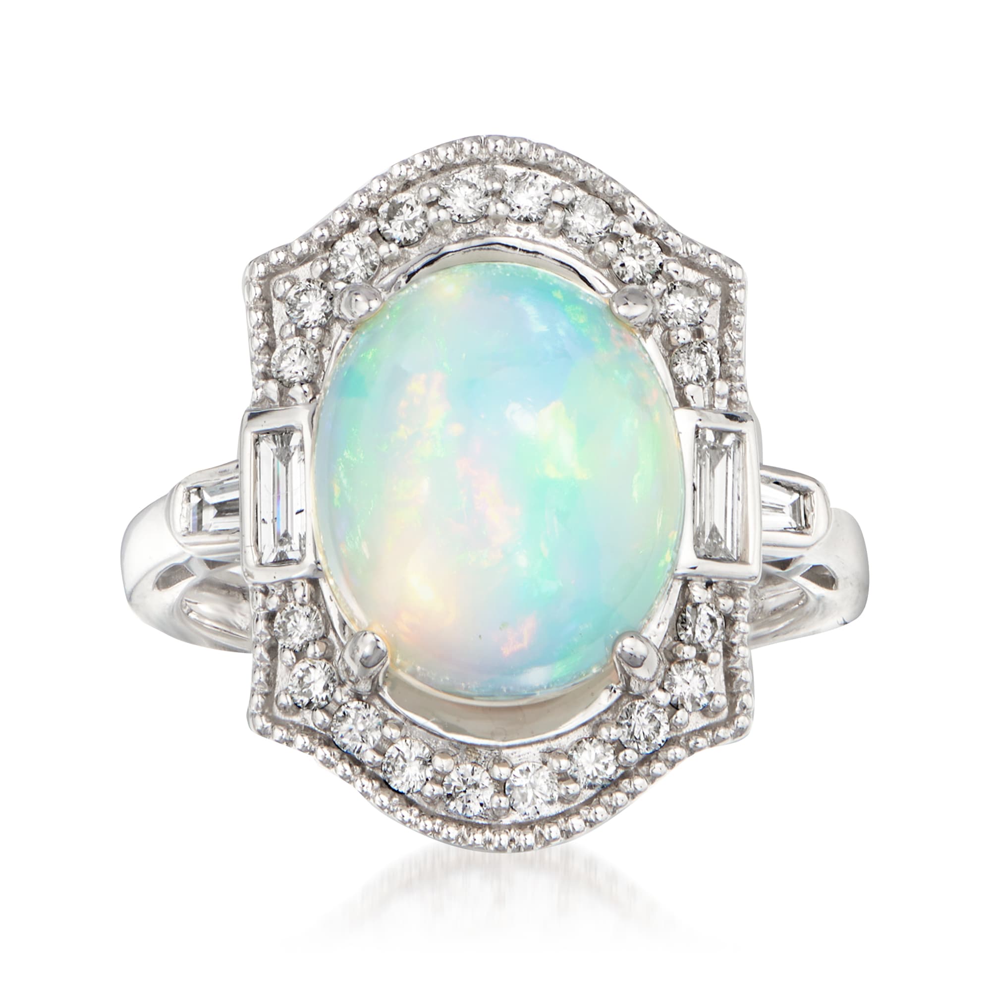 Opal and .46 ct. t.w. Baguette and Round Diamond Ring in 14kt White ...