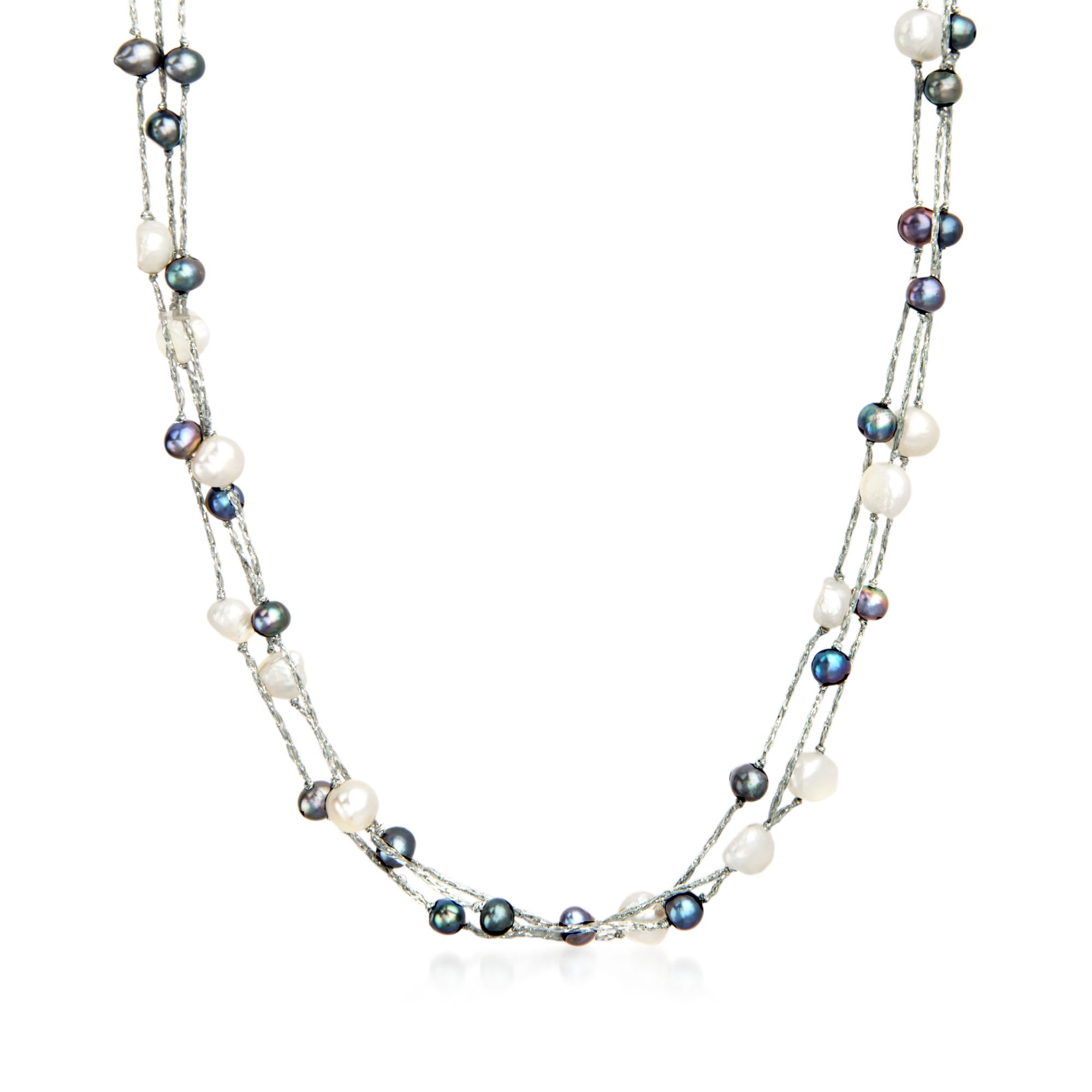 59mm Black and White Cultured Pearl ThreeStrand Station Necklace with