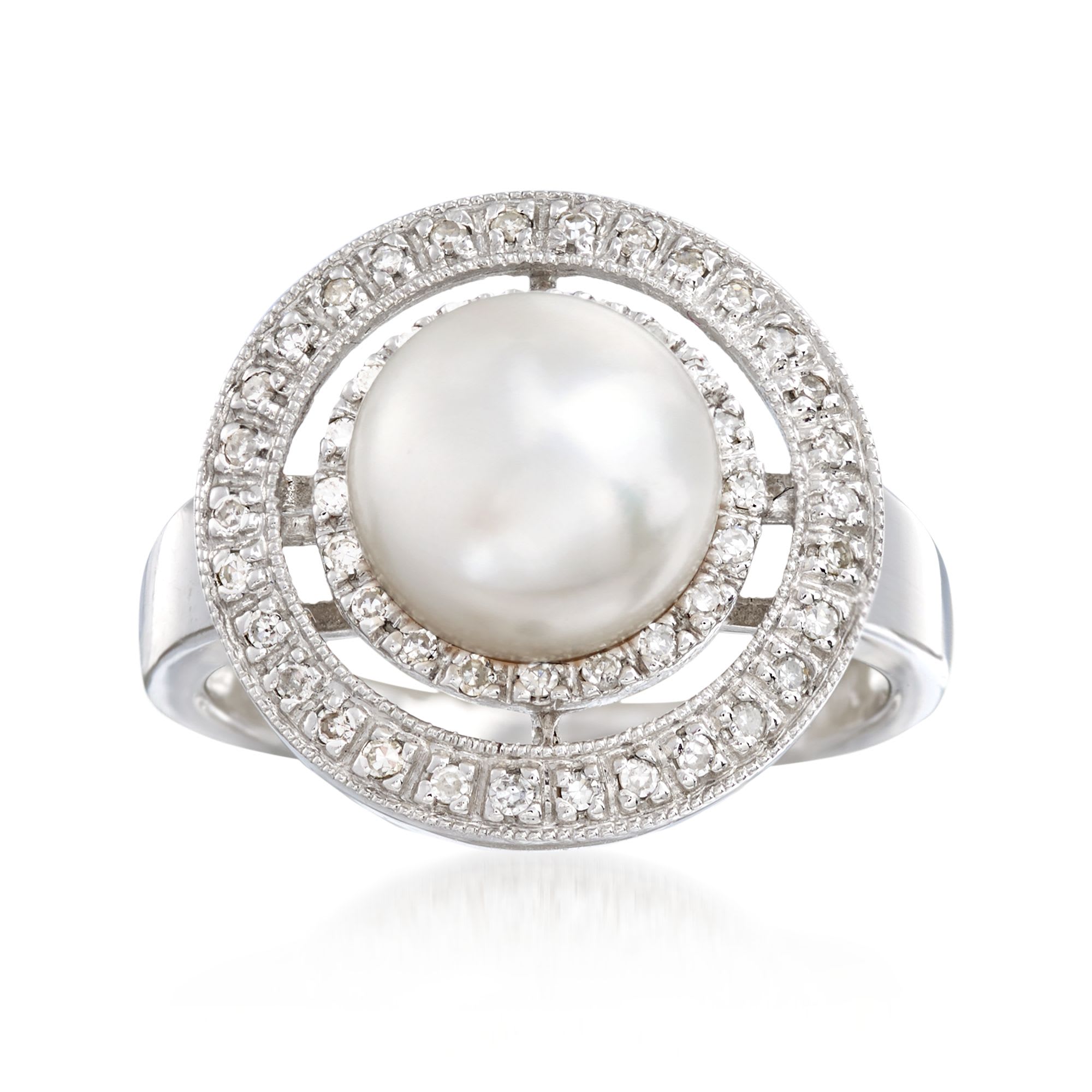8.5mm Cultured Pearl and .20 ct. t.w. Diamond Double Halo Ring in 14kt ...