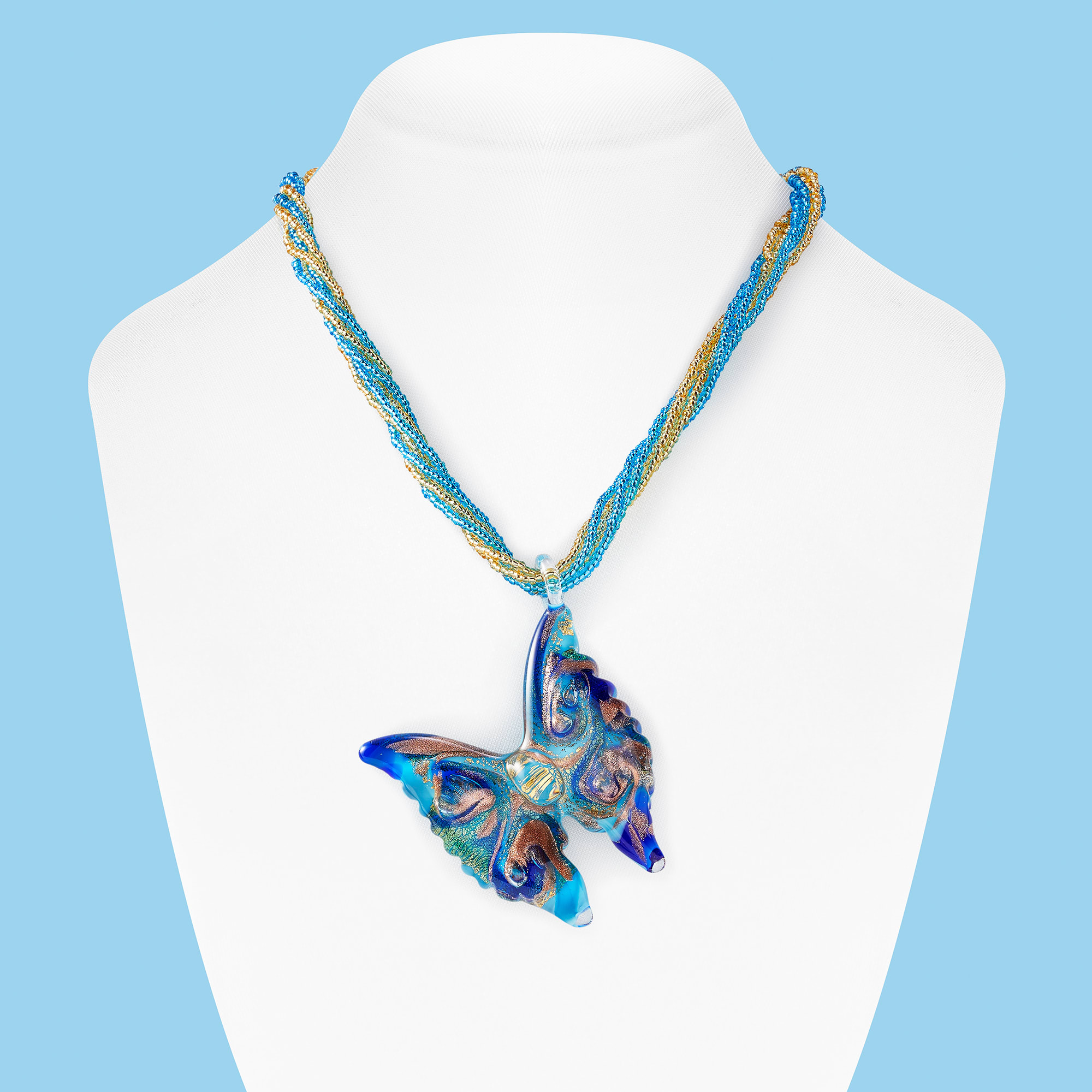 Italian Murano Glass Butterfly Pendant Necklace with 18kt Gold Over