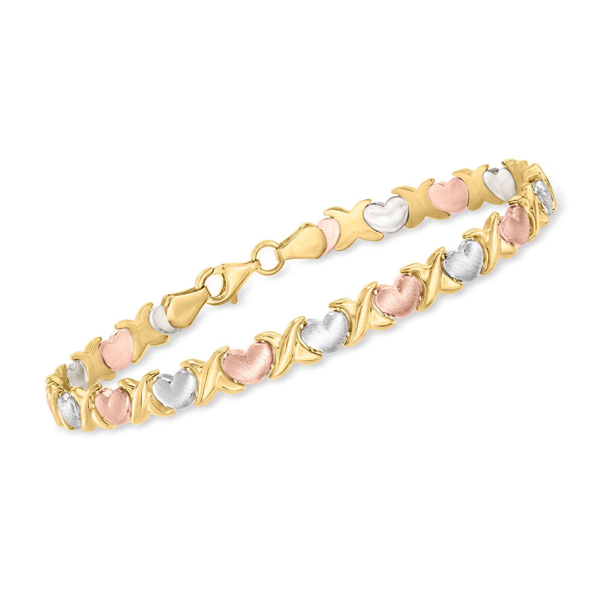 14kt Tri Colored Gold Heart Stampato Bracelet. 7.25
