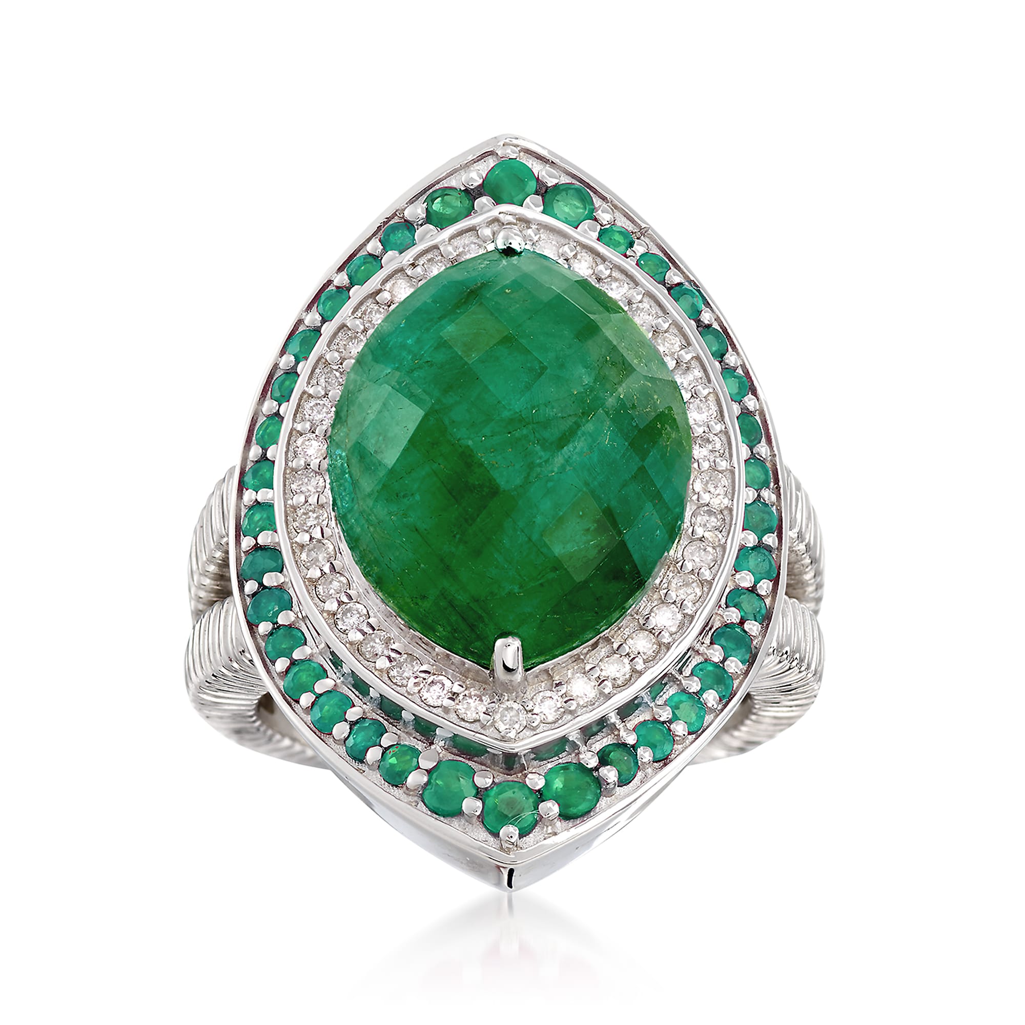 7.10 ct. t.w. Emerald and .27 ct. t.w. Diamond Ring in Sterling Silver ...