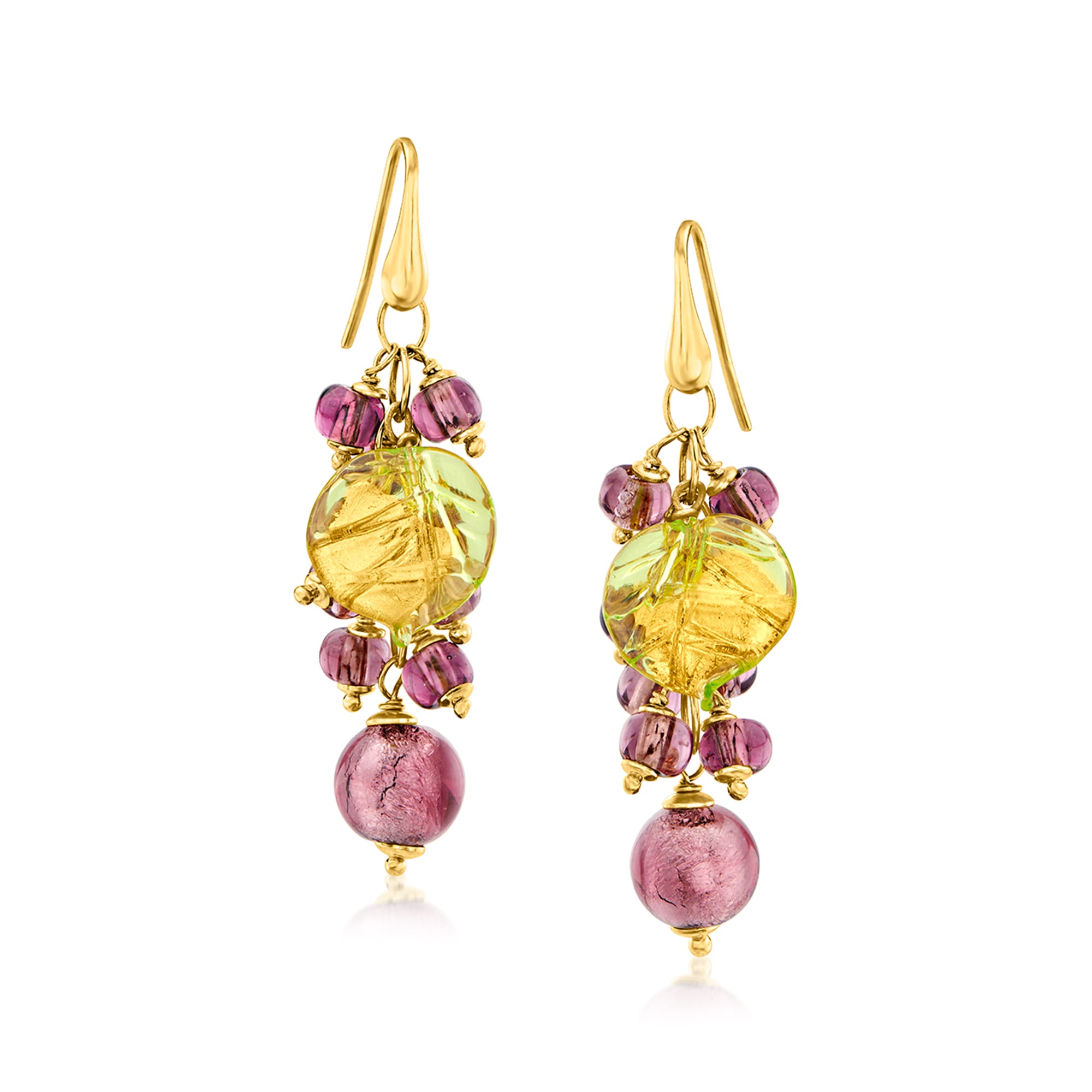 Italian Multicolored Murano Glass Bead Grape Drop Earrings in 18kt Gold ...