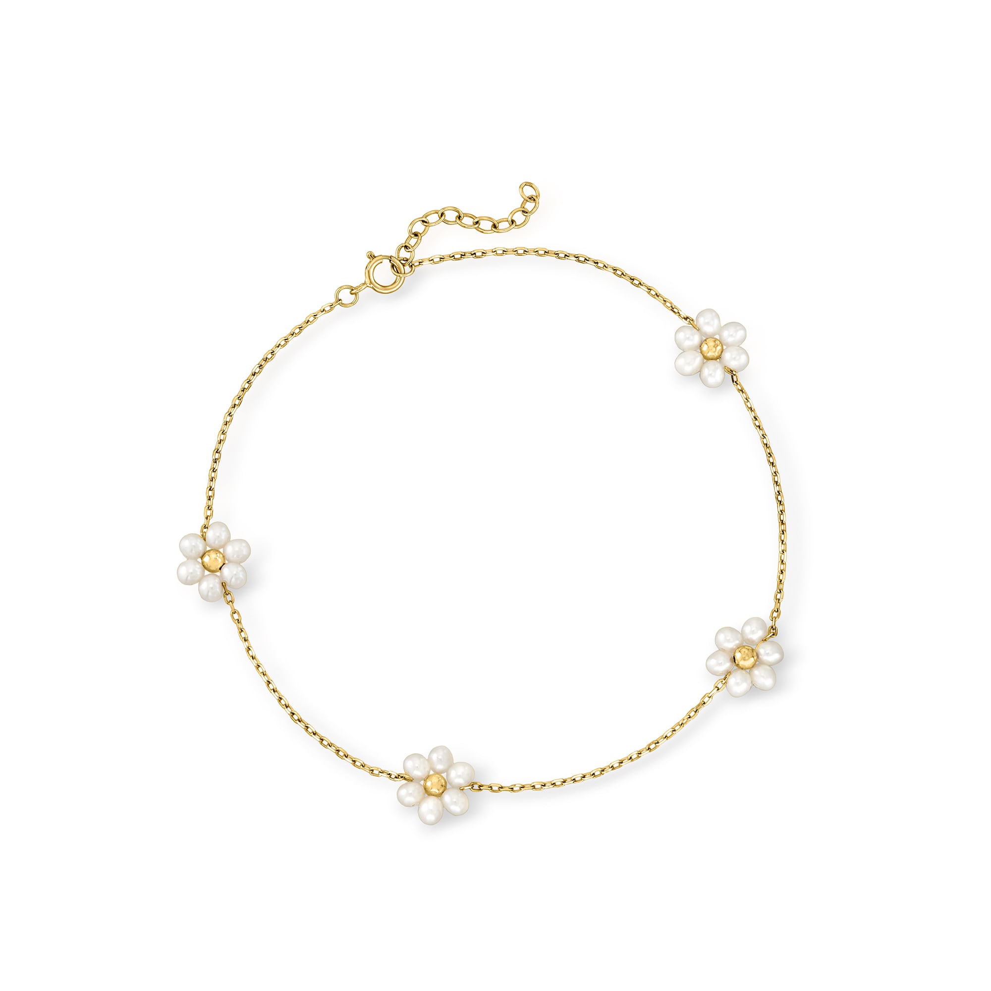 3-3.5mm Cultured Pearl Flower Station Anklet in 14kt Yellow Gold. 9 ...