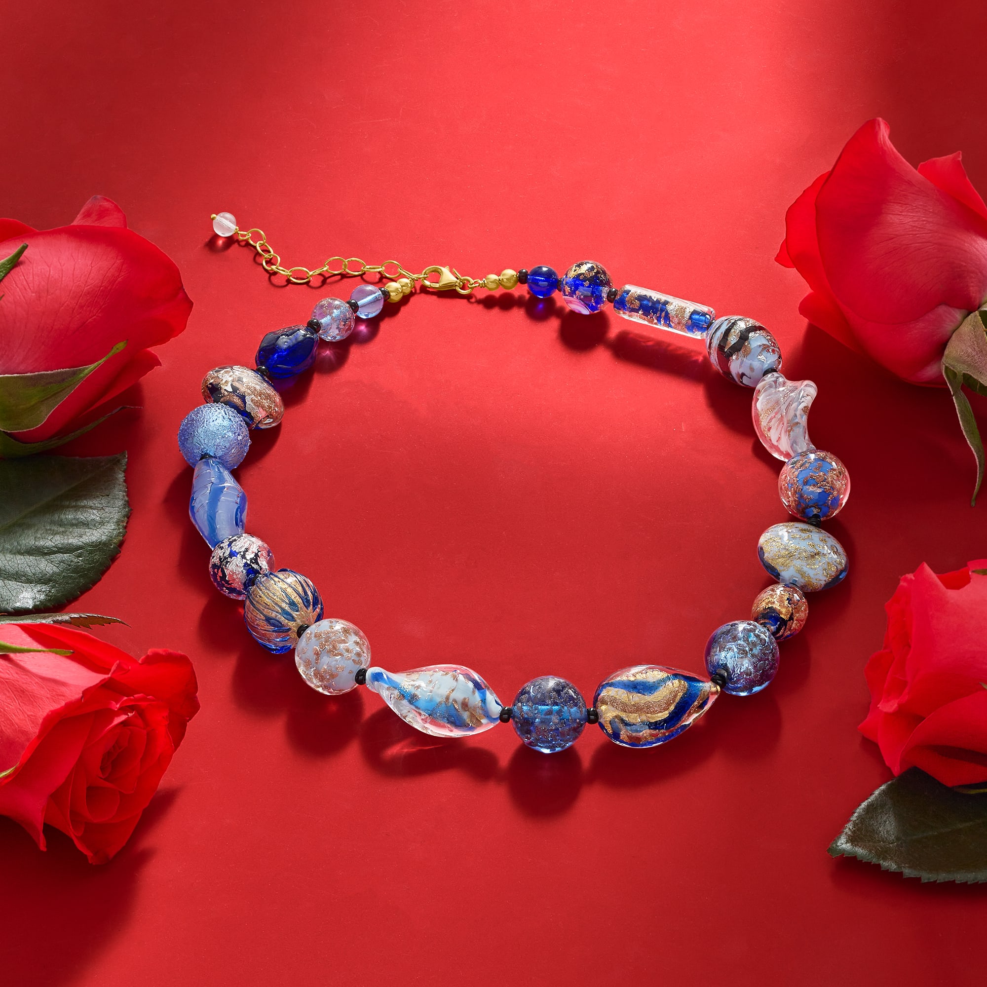 Italian Multicolored Murano Glass Bead Drop Necklace In 18kt