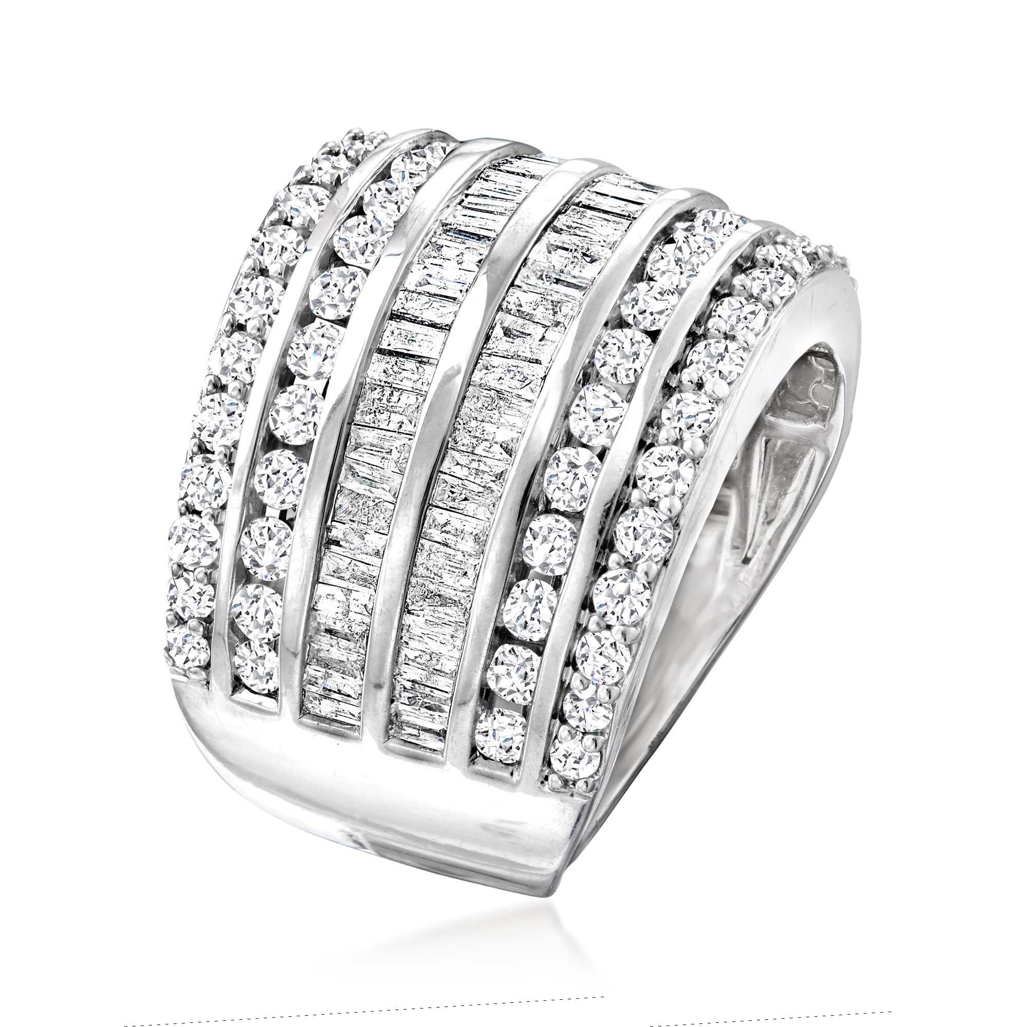 3.00 ct. t.w. Baguette and Round Diamond Multi-Row Ring in Sterling ...