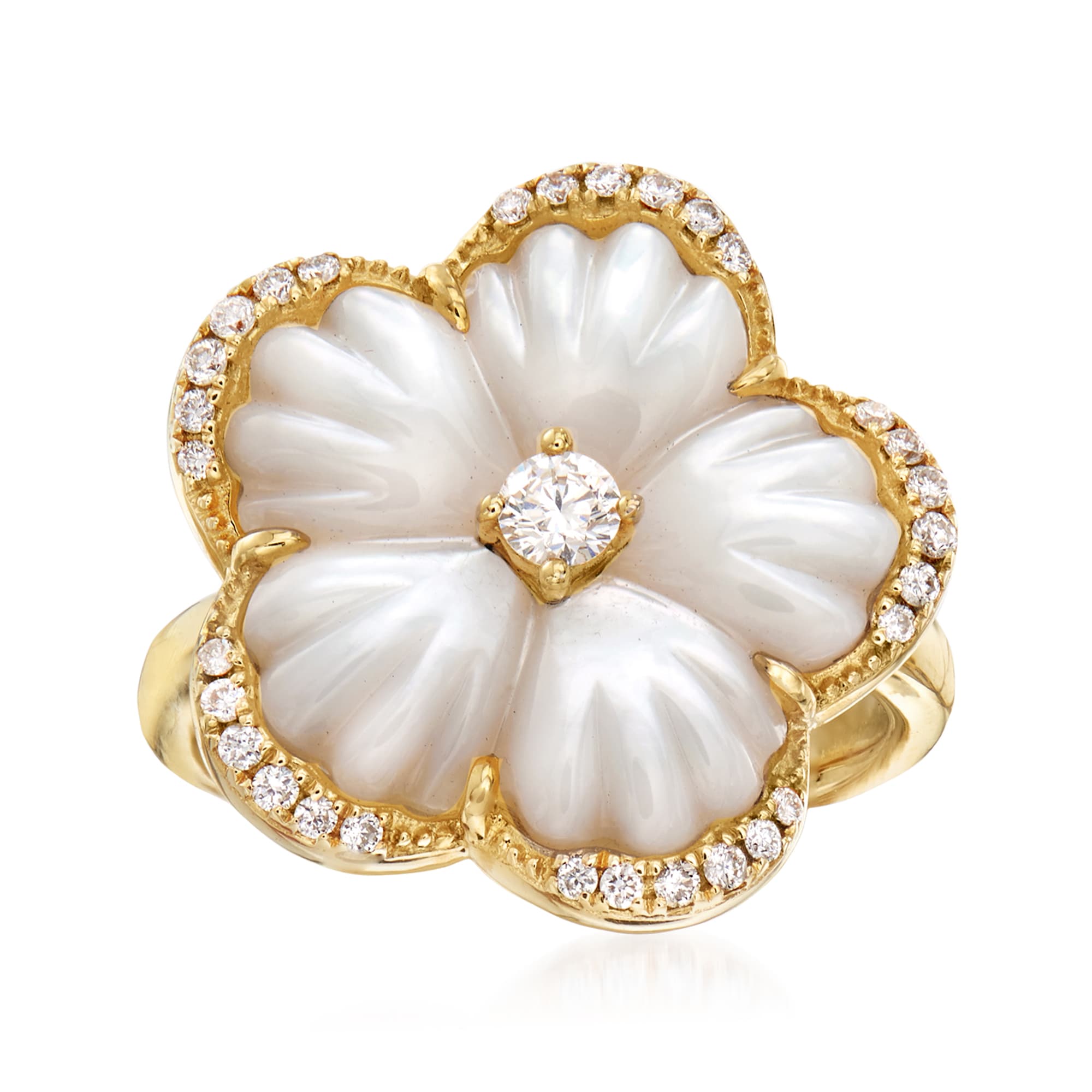 Mother-Of-Pearl and .38 ct. t.w. Diamond Flower Ring in 14kt Yellow ...