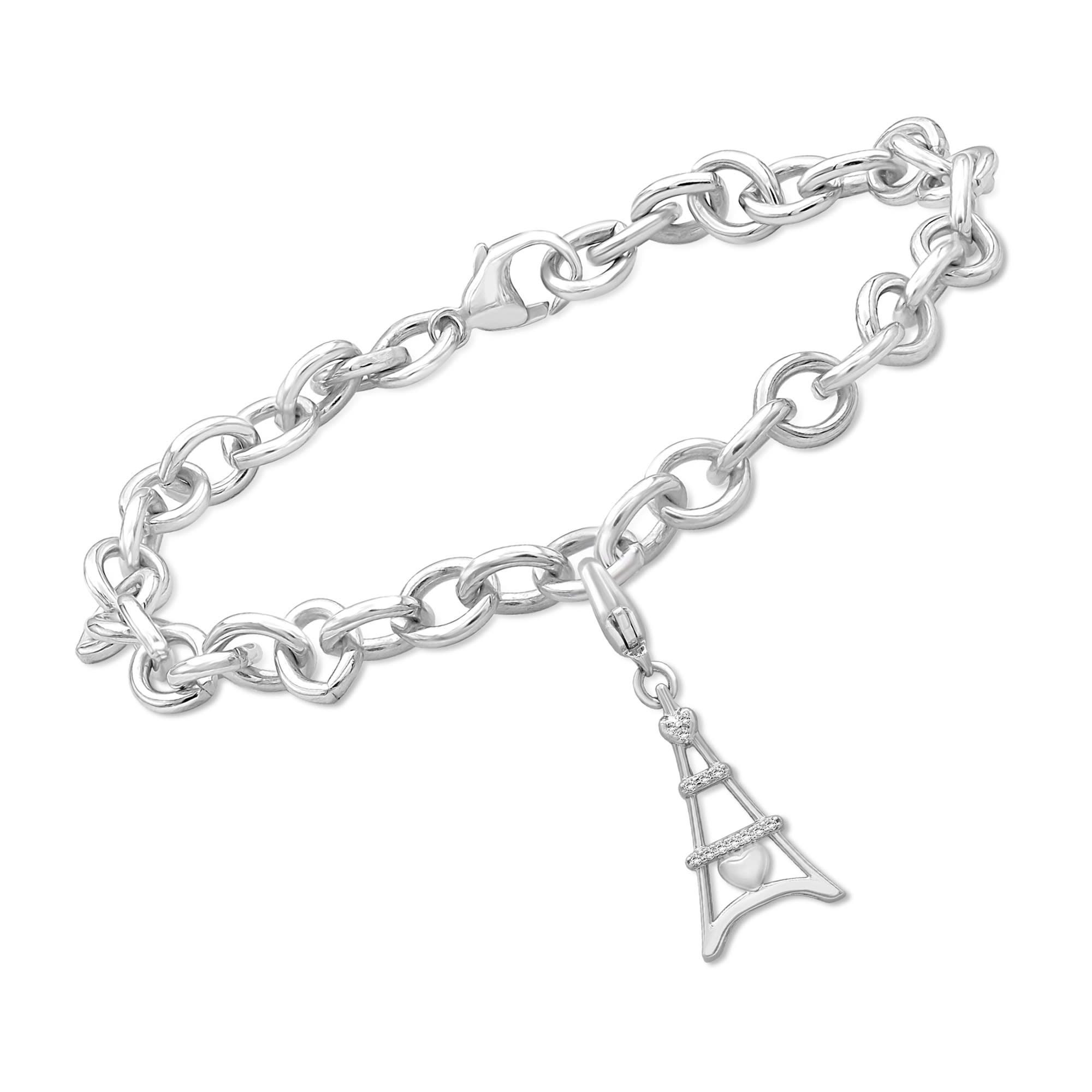Eiffel Tower Charm Bracelet, Glass Bead Charms, Sterling Silver Glass Beads,  8