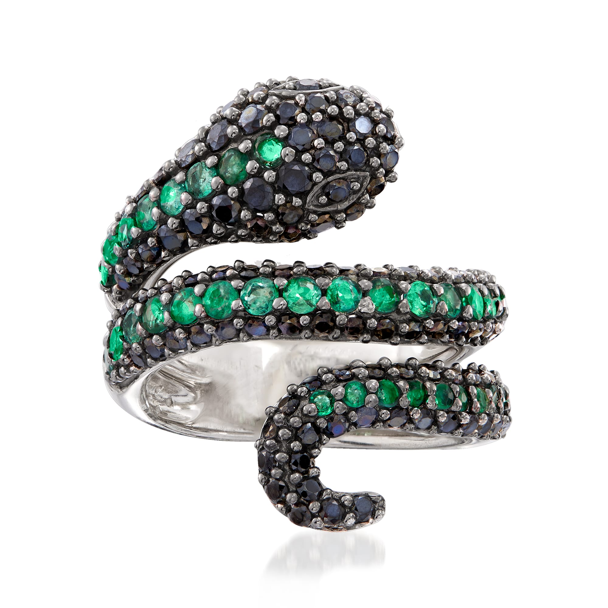1.80 ct. t.w. Black Spinel and .90 ct. t.w. Emerald Snake Bypass Ring ...