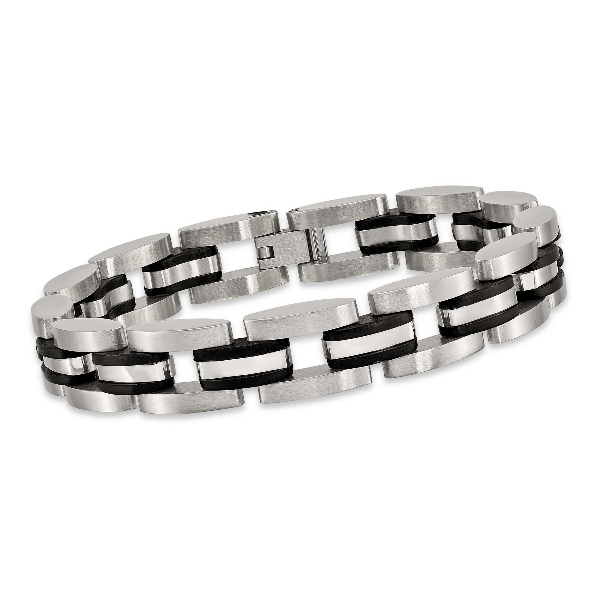 Men's Stainless Steel Link Bracelet with Black Rubber | Ross-Simons