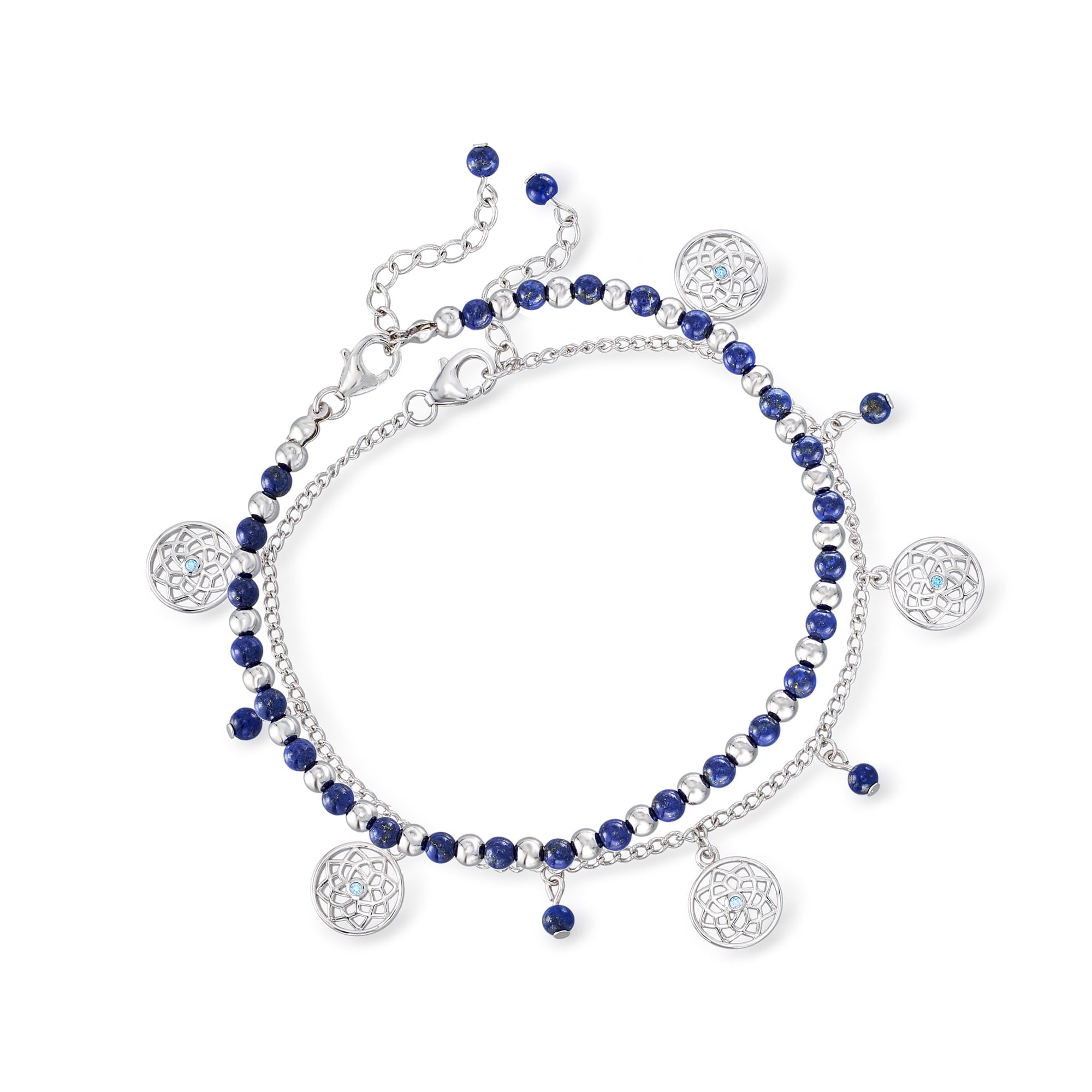 Lapis Bead Jewelry Set: Two Charm Anklets in Sterling Silver. 9