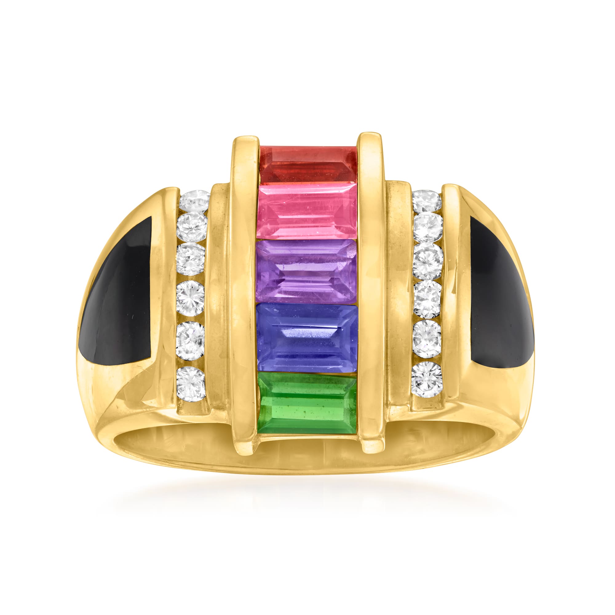 C. 1990 Vintage Multi-Gemstone Inlay and .25 ct. t.w. Diamond Bangle  Bracelet in 14kt Yellow Gold. 7