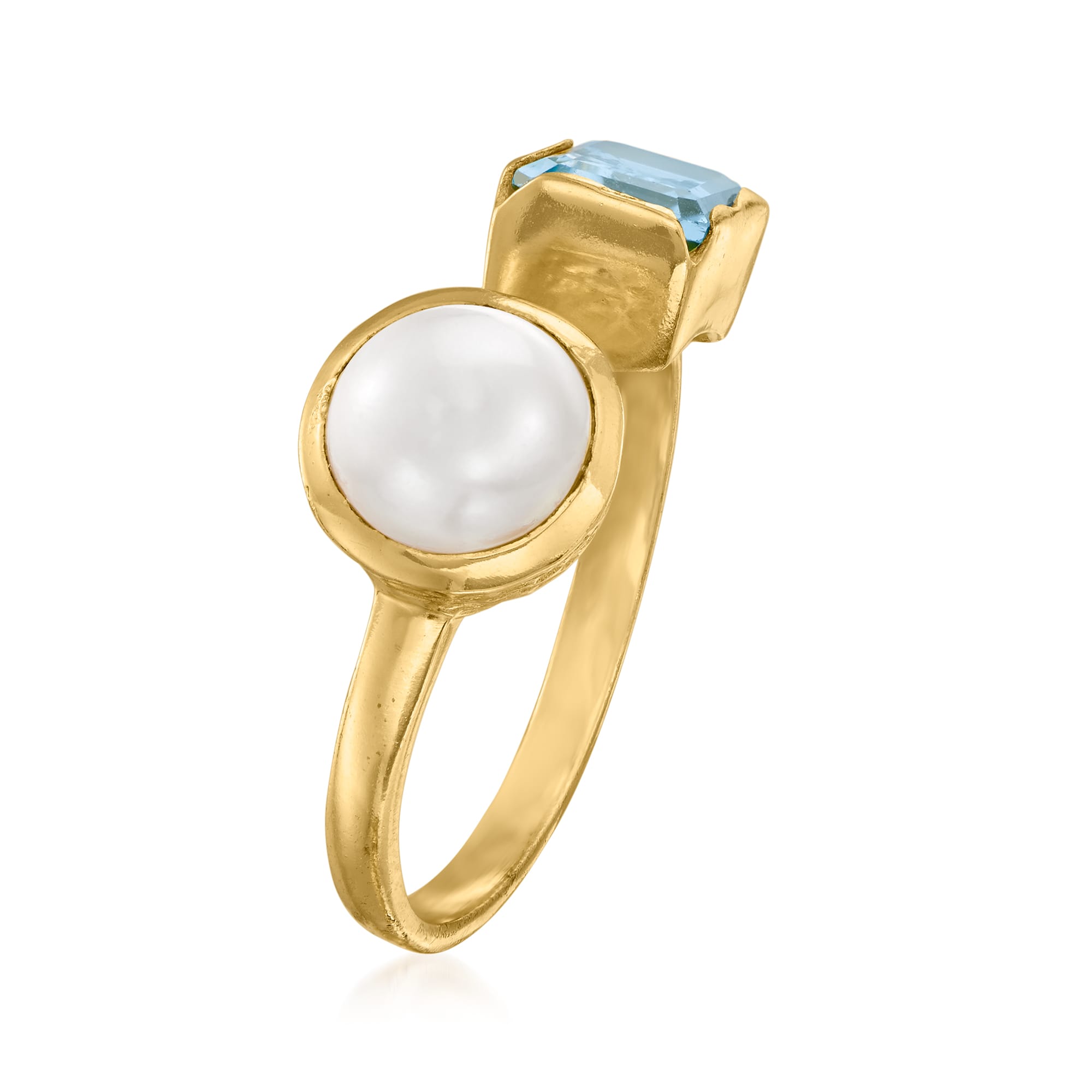 8-8.5mm Cultured Pearl and 1.40 Carat Sky Blue Topaz Toi et Moi Ring in  18kt Gold Over Sterling | Ross-Simons