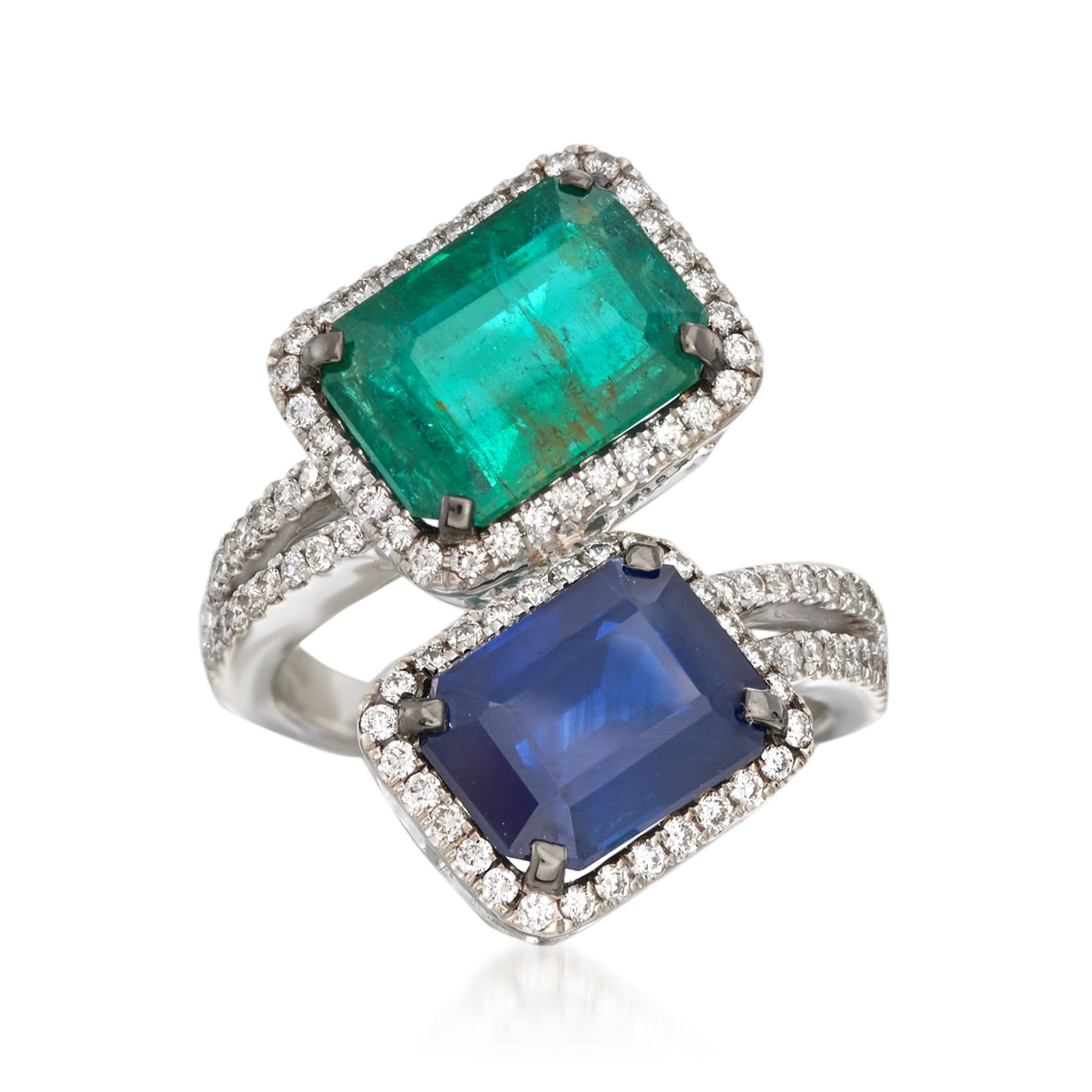 9.20 ct. t.w. Emerald and Sapphire Bypass Ring with Diamonds in 18kt ...