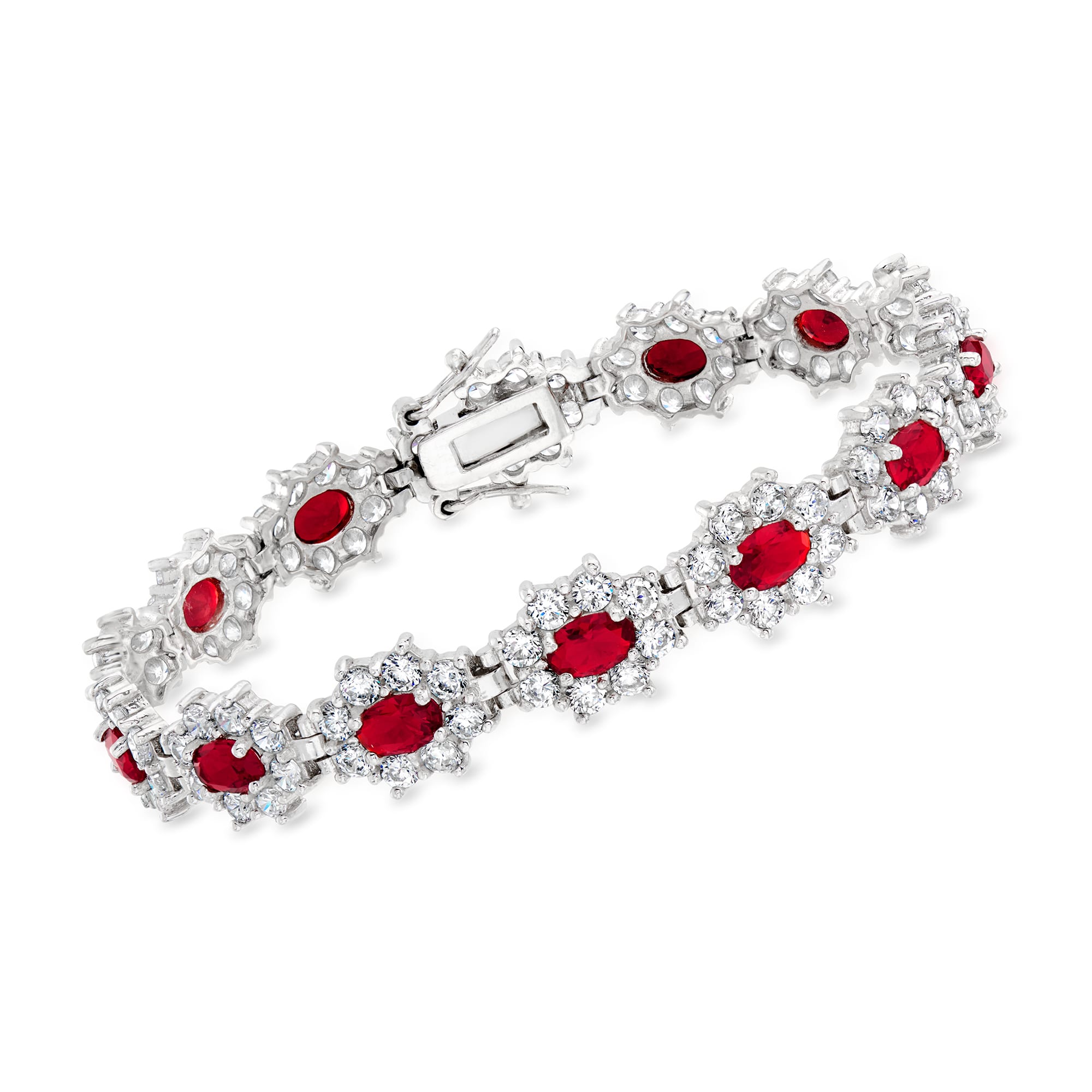 7.00 ct. t.w. Simulated Ruby and 6.00 ct. t.w. CZ Flower Bracelet in ...
