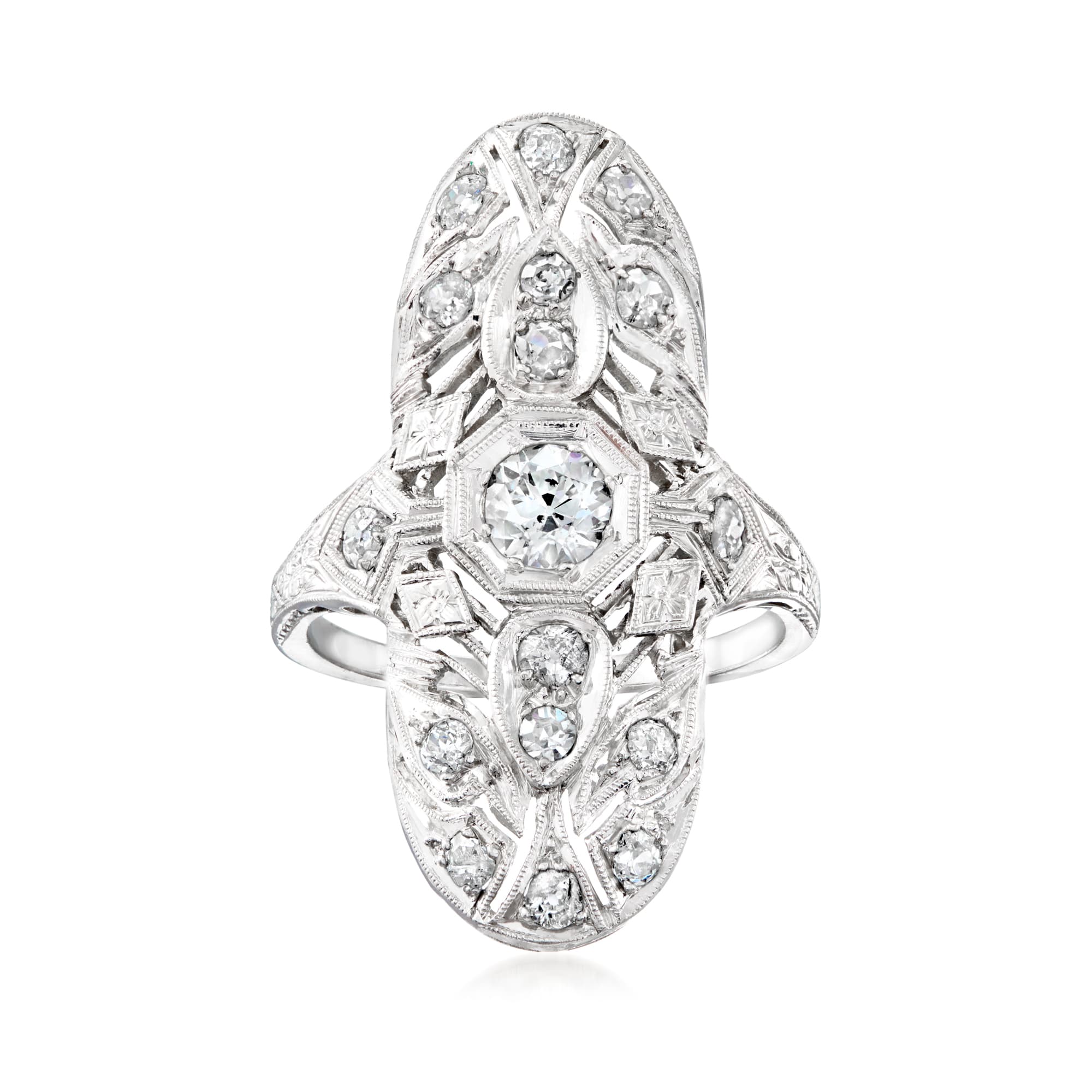 C. 1940 Vintage 1.05 ct. t.w. Diamond Filigree Navette Ring in Platinum ...